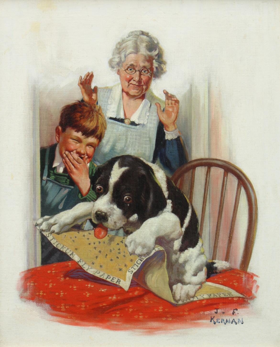 Joseph Francis Kernan Figurative Painting - Grandma, Boy & Dog
