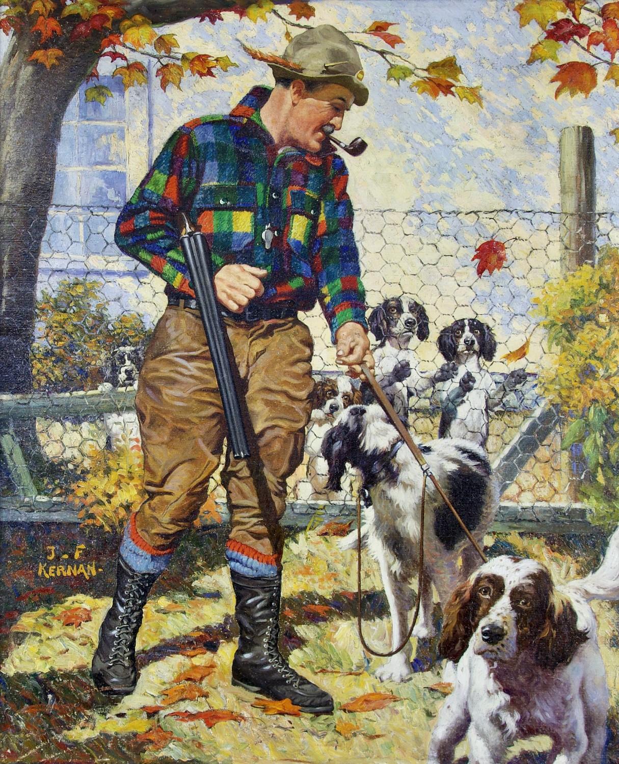 Joseph Francis Kernan Figurative Painting - Hunter and His Dogs