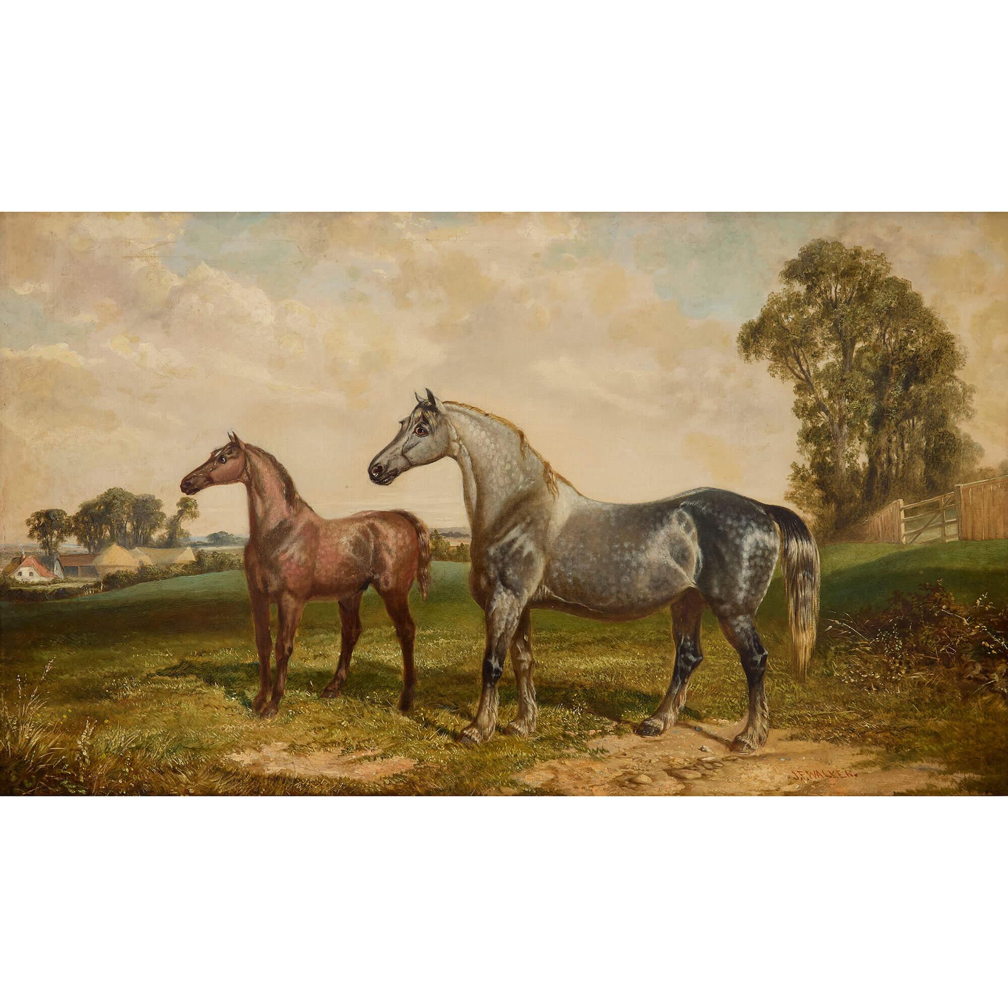 Large British Antique Oil Painting of Two Horses by Walker - Brown Animal Painting by Joseph Francis Walker