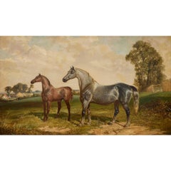 Large British Antique Oil Painting of Two Horses by Walker