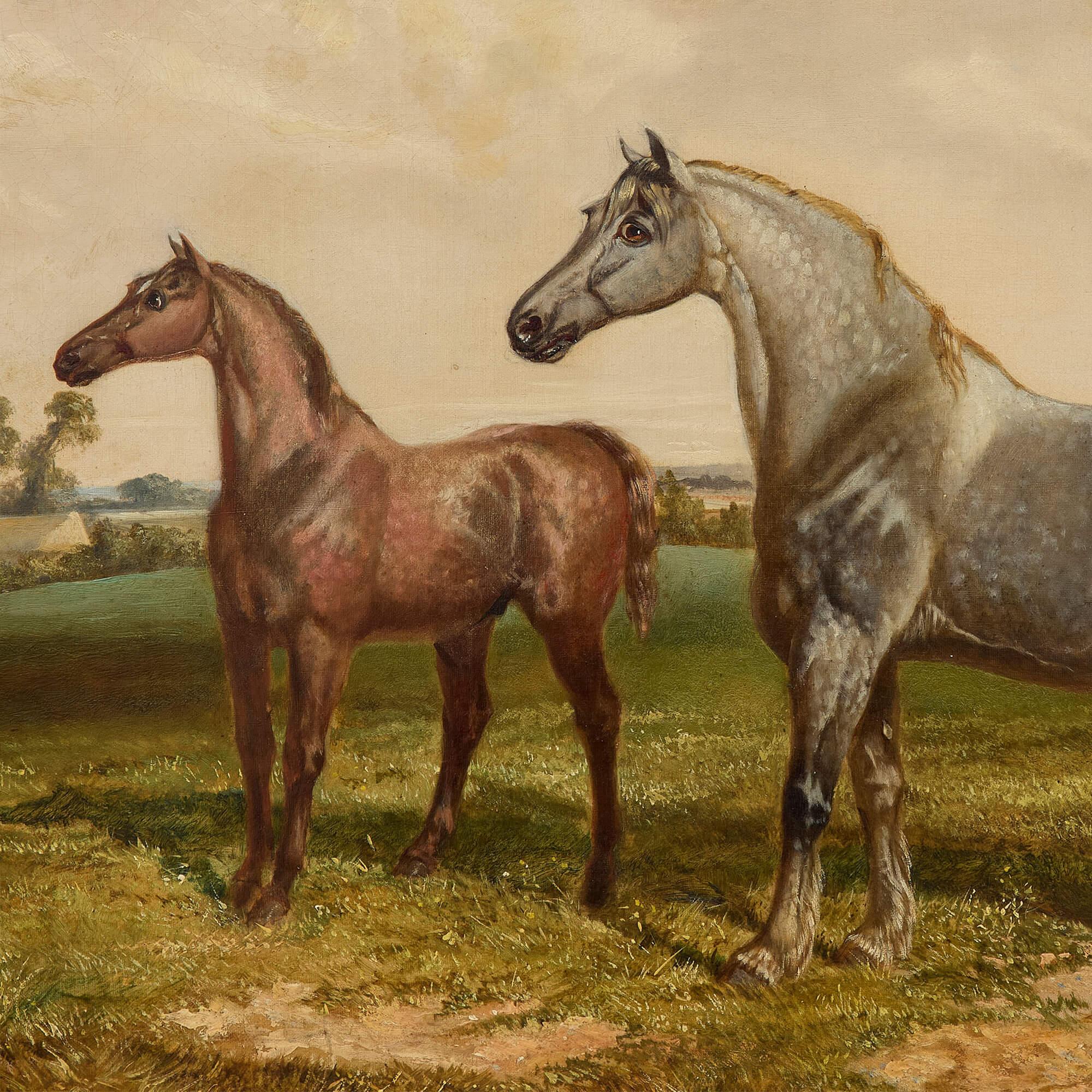 Large British Antique Oil Painting of Two Horses by Walker
English, Late 19th Century
Canvas: Height 54cm, width 87cm
Frame: Height 71cm, width 107cm, depth 8cm

This tranquil scene by British artist Joseph Francis Walker (1831–1906) showcases his