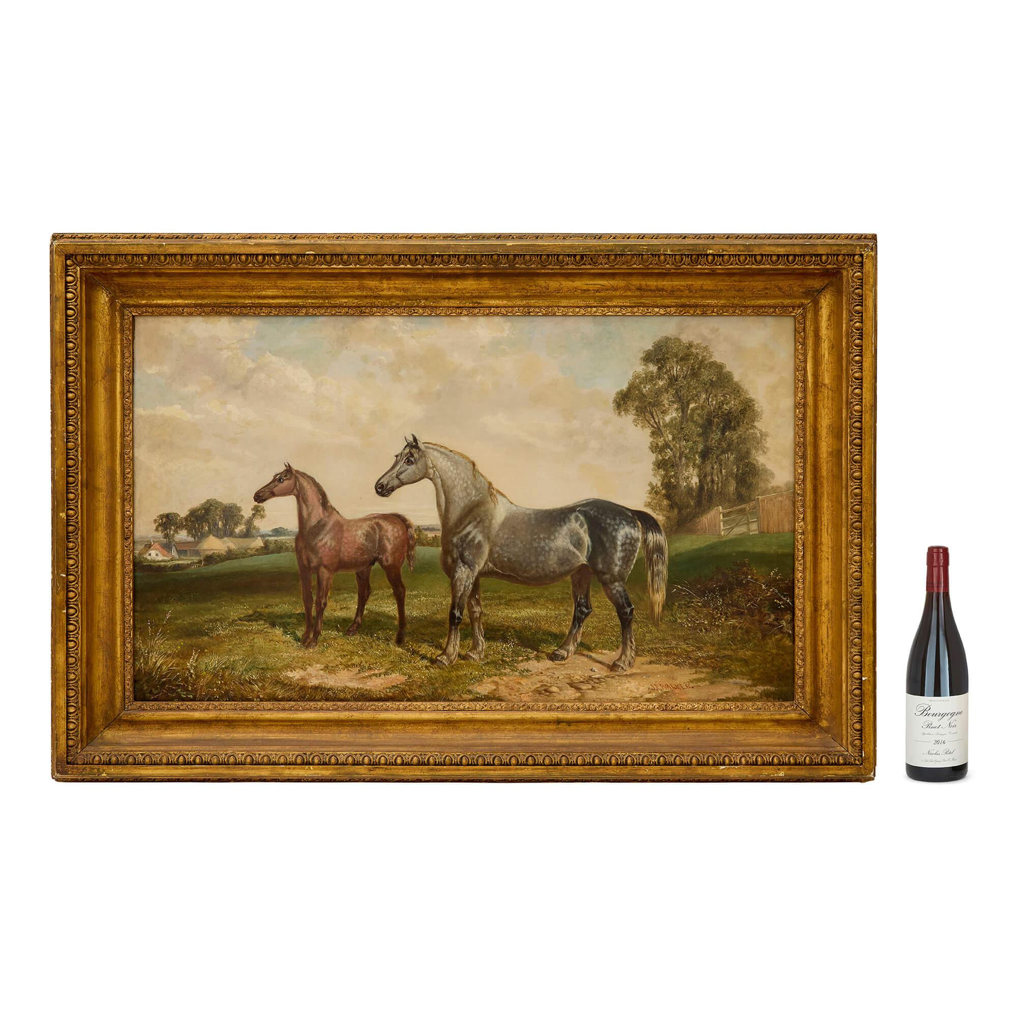 Large British Antique Oil Painting of Two Horses by Walker For Sale 3