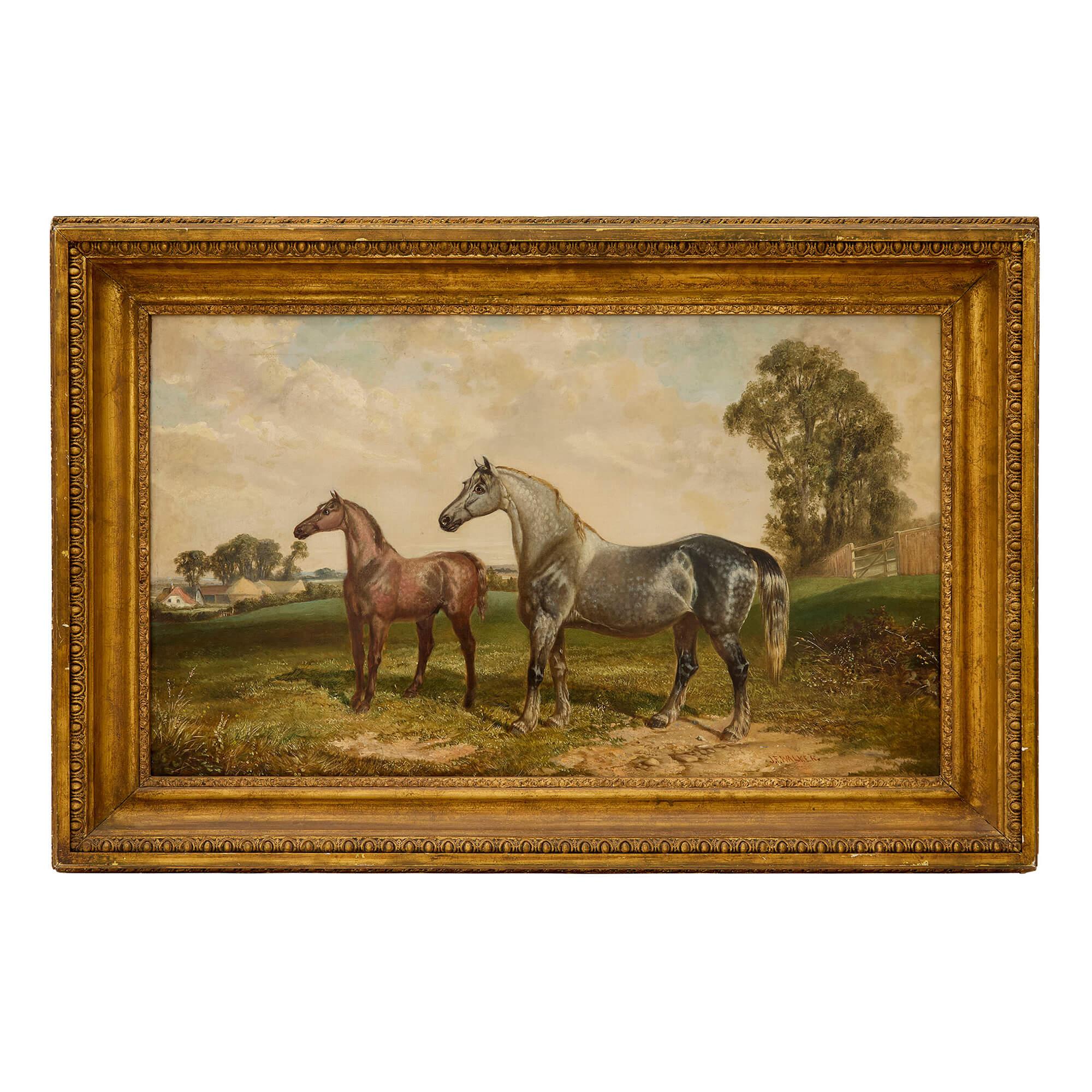 Joseph Francis Walker Animal Painting - Large British Antique Oil Painting of Two Horses by Walker