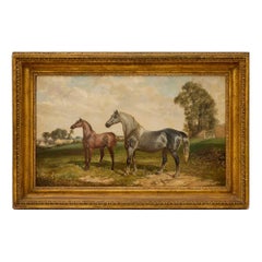 Large British Antique Oil Painting of Two Horses by Walker