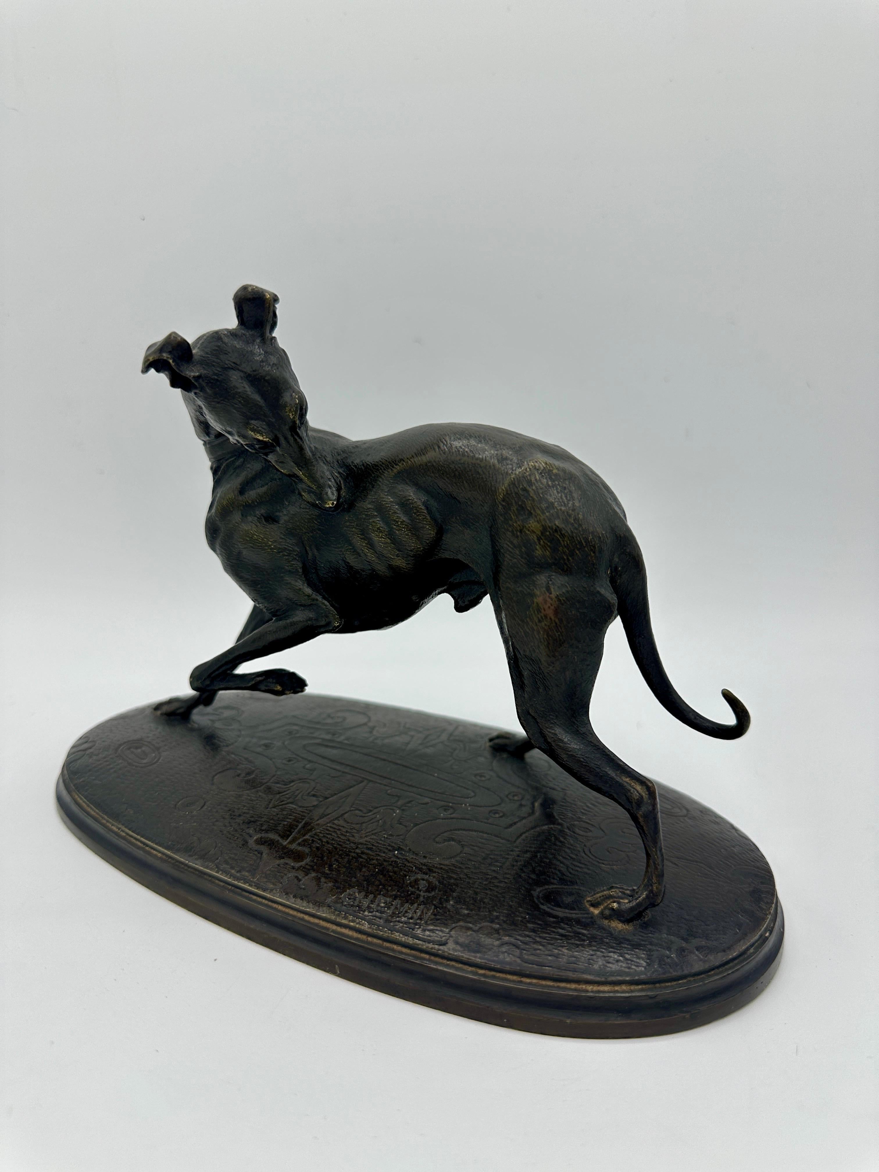 Bronze animalier français du 19e siècle représentant un lévrier  - Sculpture de Joseph Francois Victor Chemin