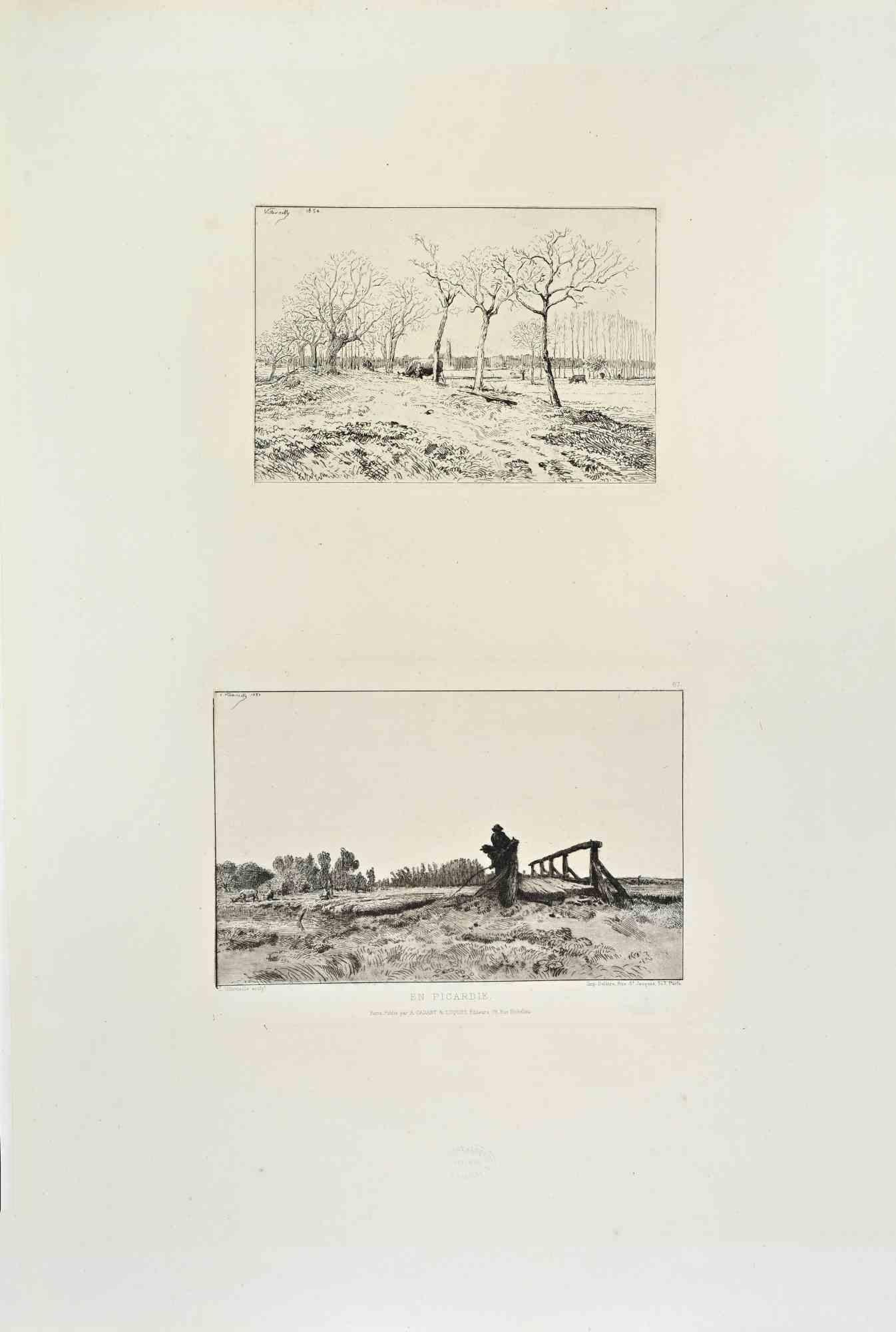 Joseph François VILLEVIEILLE Figurative Print - En Picardie - Etching by Joseph François Villevieille - 1870s