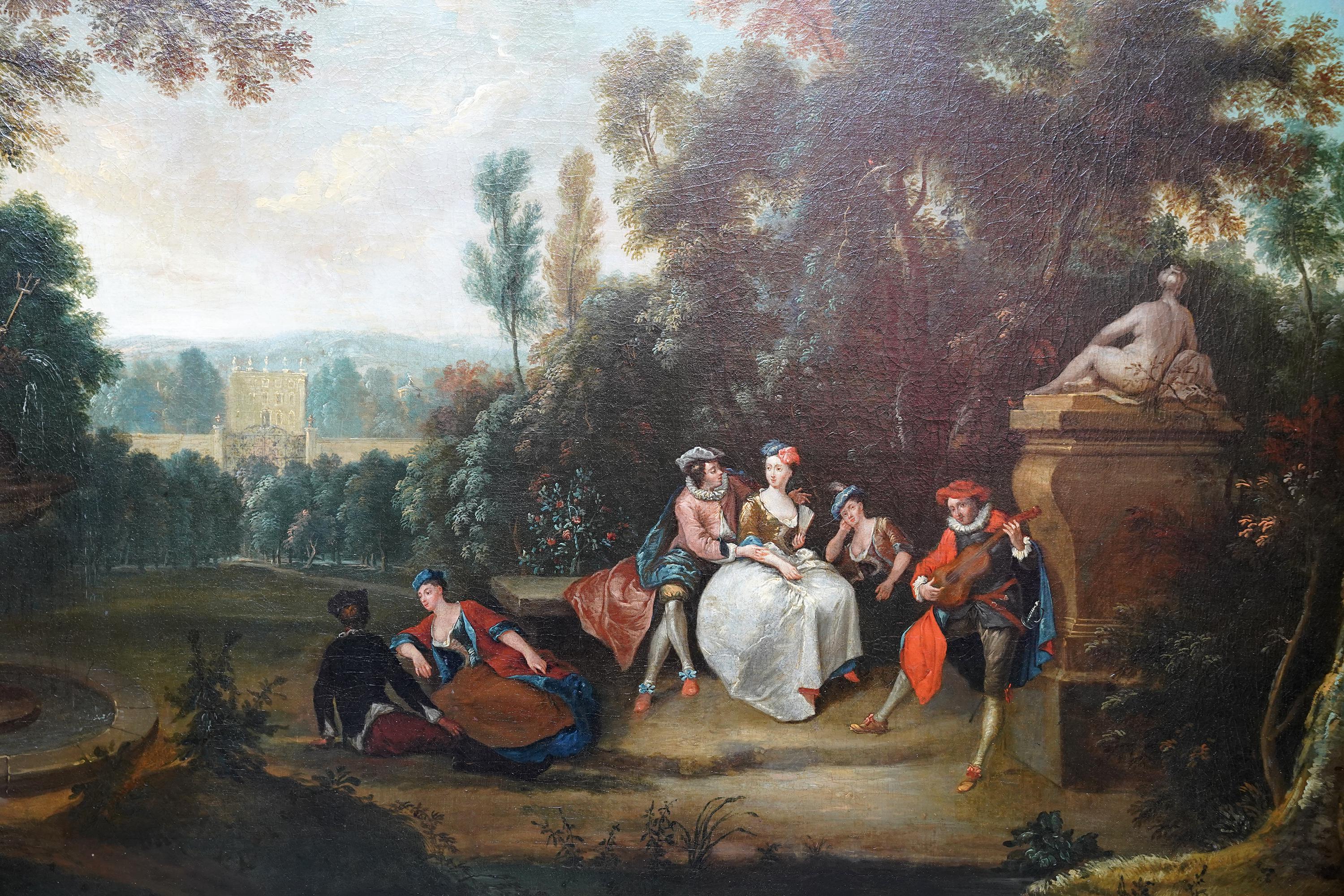 This charming 18th century French Old Master oil painting is attributed to circle of Joseph Frans Nollekens. Painted circa 1740 it is described as a fete champetre - a form of entertainment in the 18th century, taking the form of a garden party.