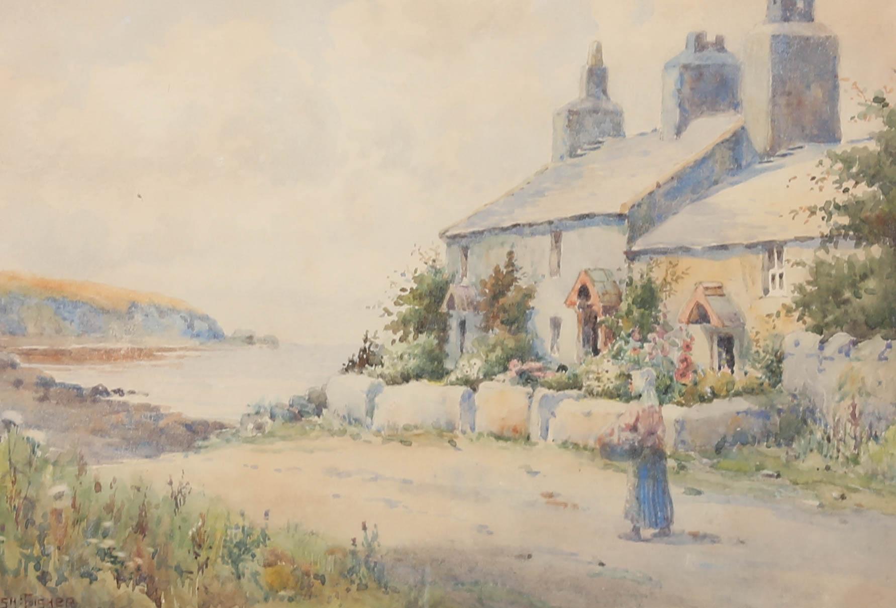 Joshua Fisher (1859-1943) - Aquarelle de la fin du XIXe siècle, cottages by the Sea - Painting de Joseph Frederick Percy Rendell