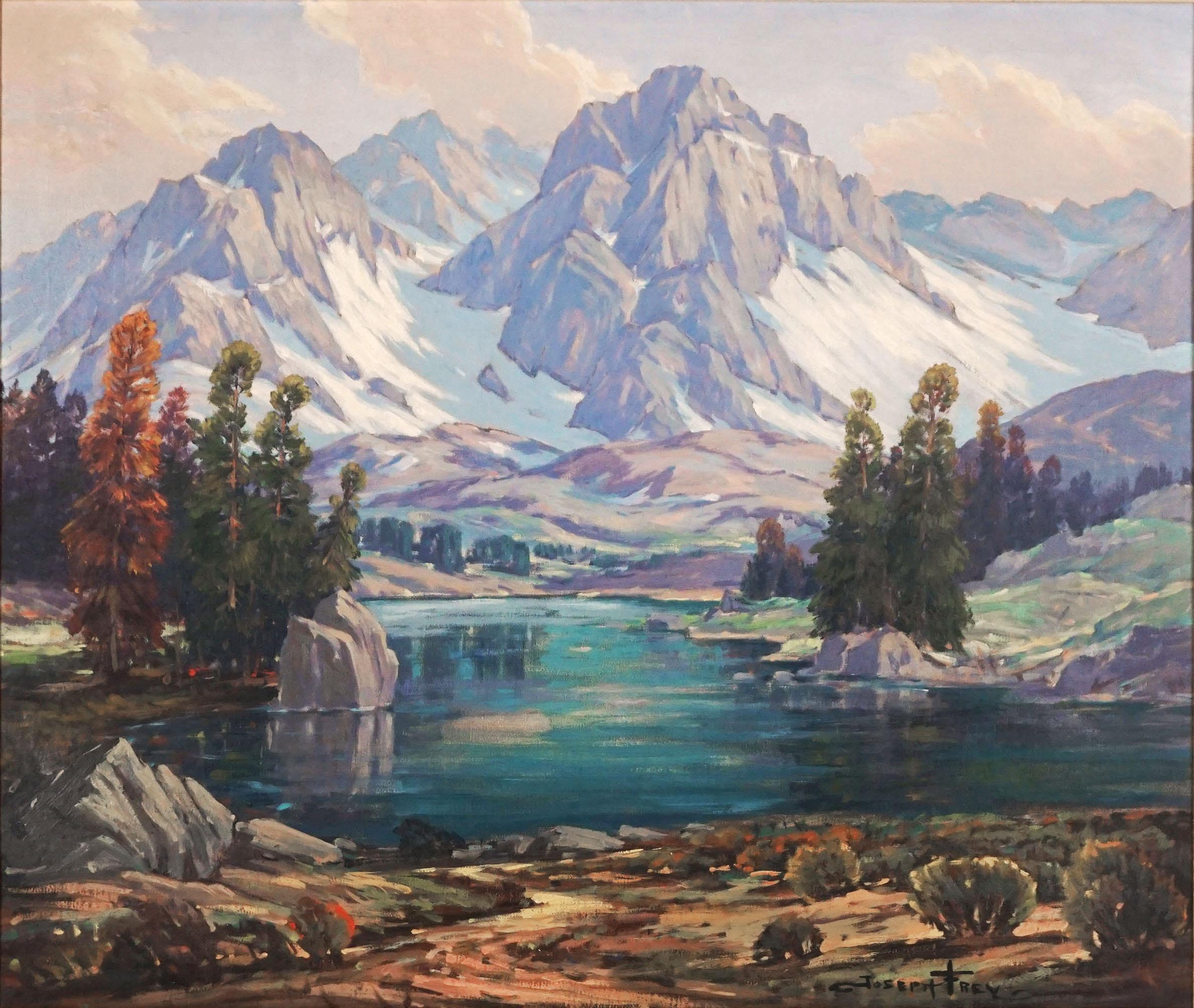 Pintura al Óleo Original de Mediados de Siglo de Montañas y Lago de las Altas Sierras - Painting de Joseph Frey