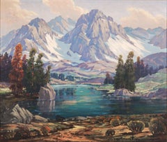 Mid Century Original Oil Painting of High Sierras Mountains and Lake