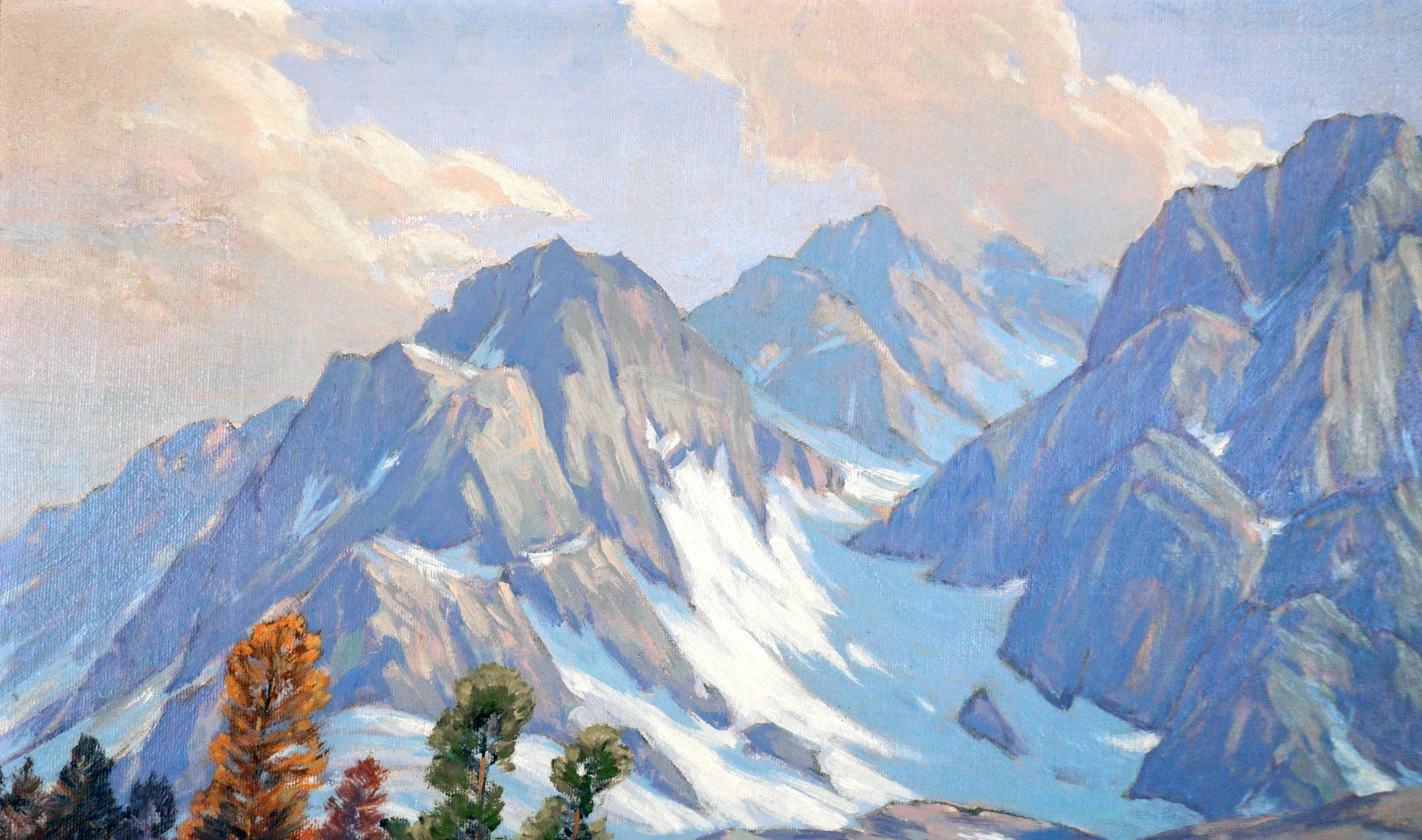 Pintura al Óleo Original de Mediados de Siglo de Montañas y Lago de las Altas Sierras - Landscape Painting Beige de Joseph Frey