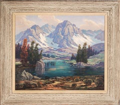 Mid Century Original Oil Painting of High Sierras Mountains and Lake