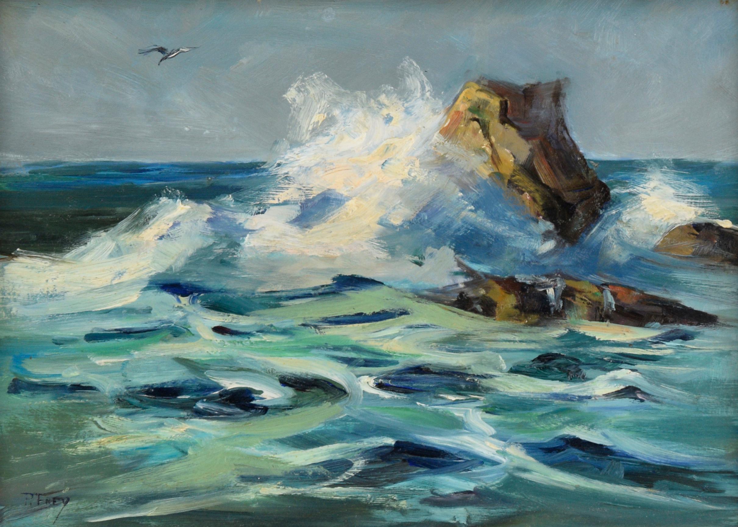 Seagull Flying Above Crashing Waves, Mid Century California Seascape - Painting by Joseph Frey