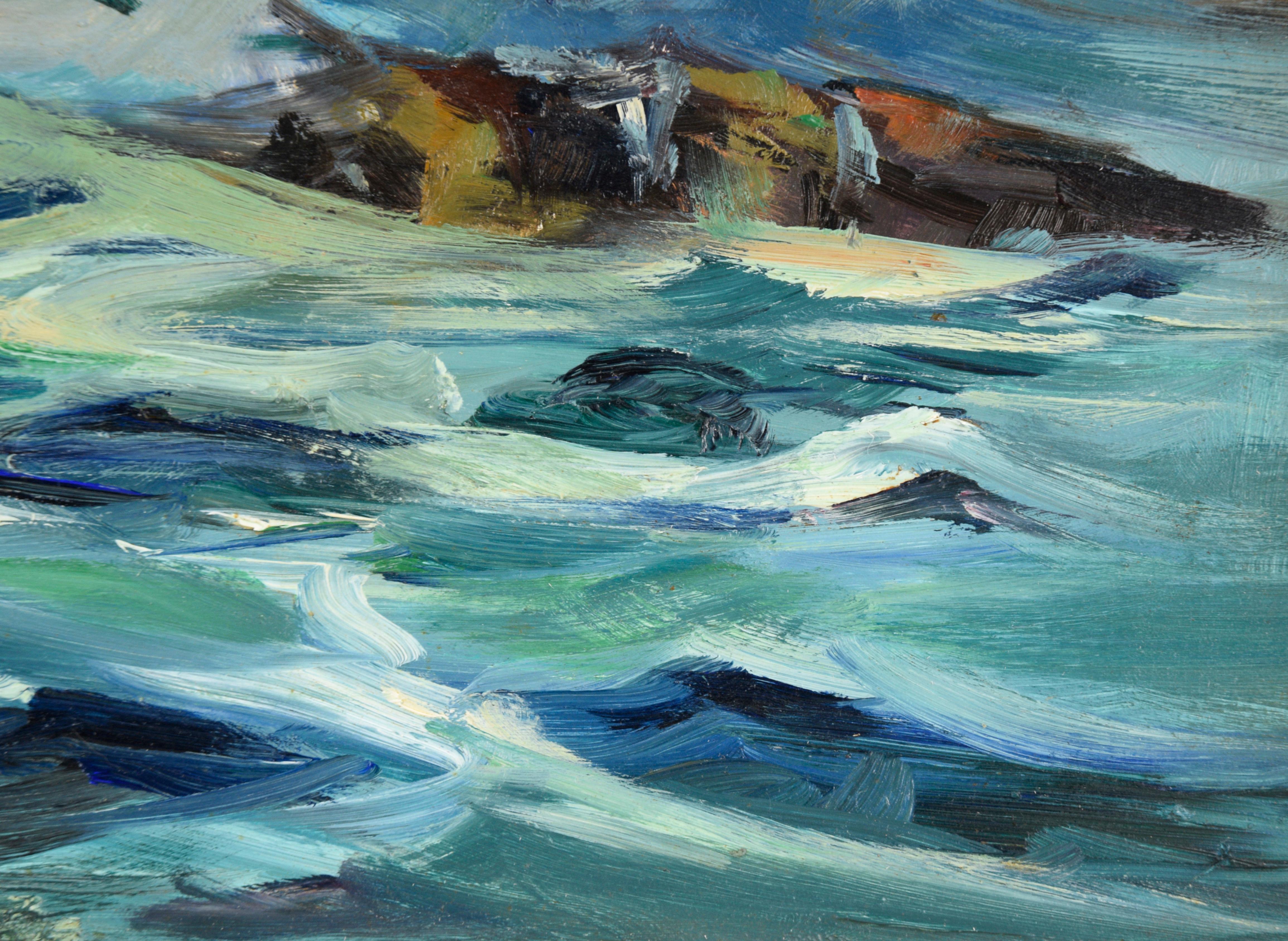 Seagull Flying Above Crashing Waves, Mid Century California Seascape - American Impressionist Painting by Joseph Frey