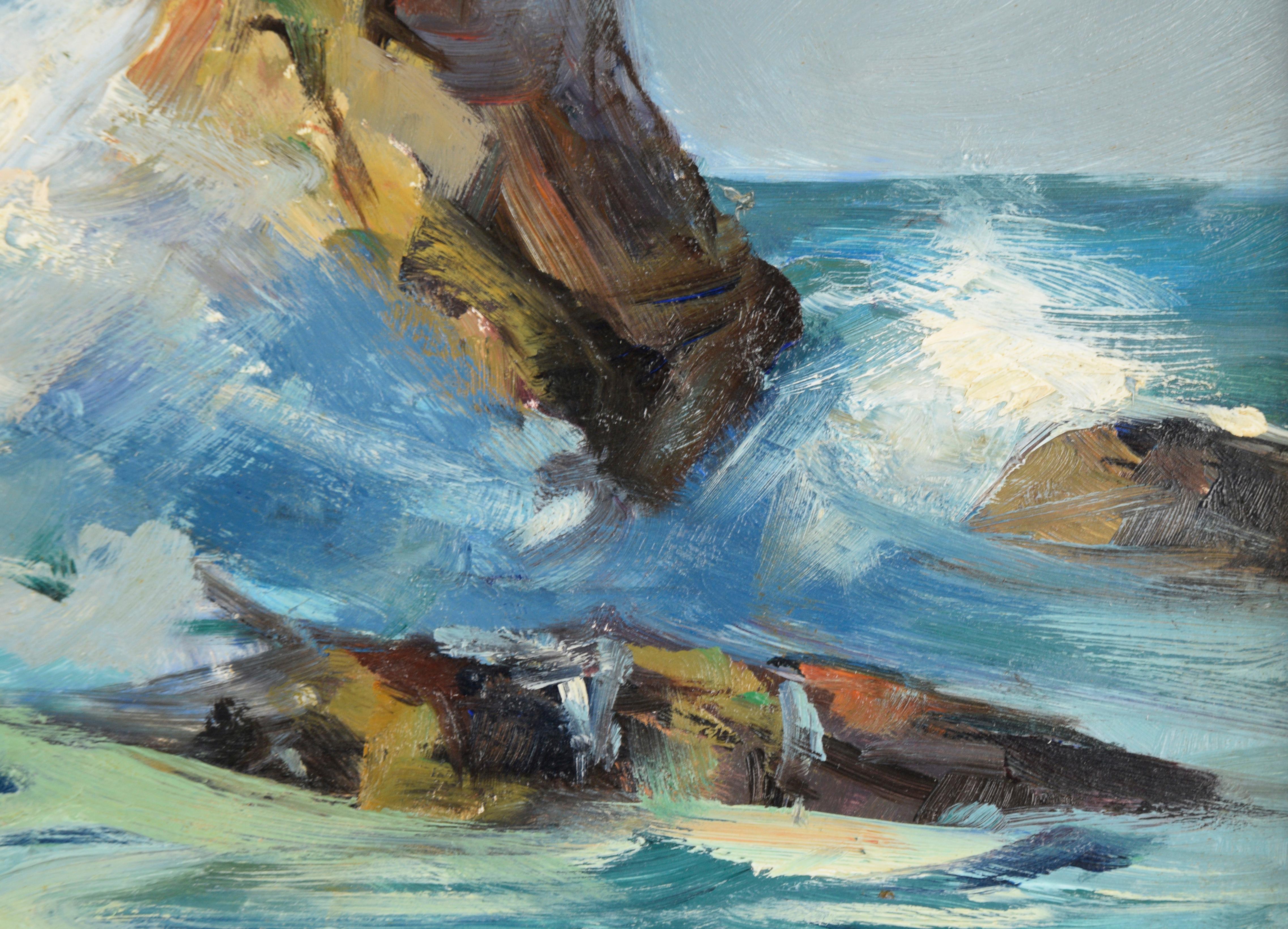 Seagull Flying Above Crashing Waves, Mid Century California Seascape - Brown Landscape Painting by Joseph Frey