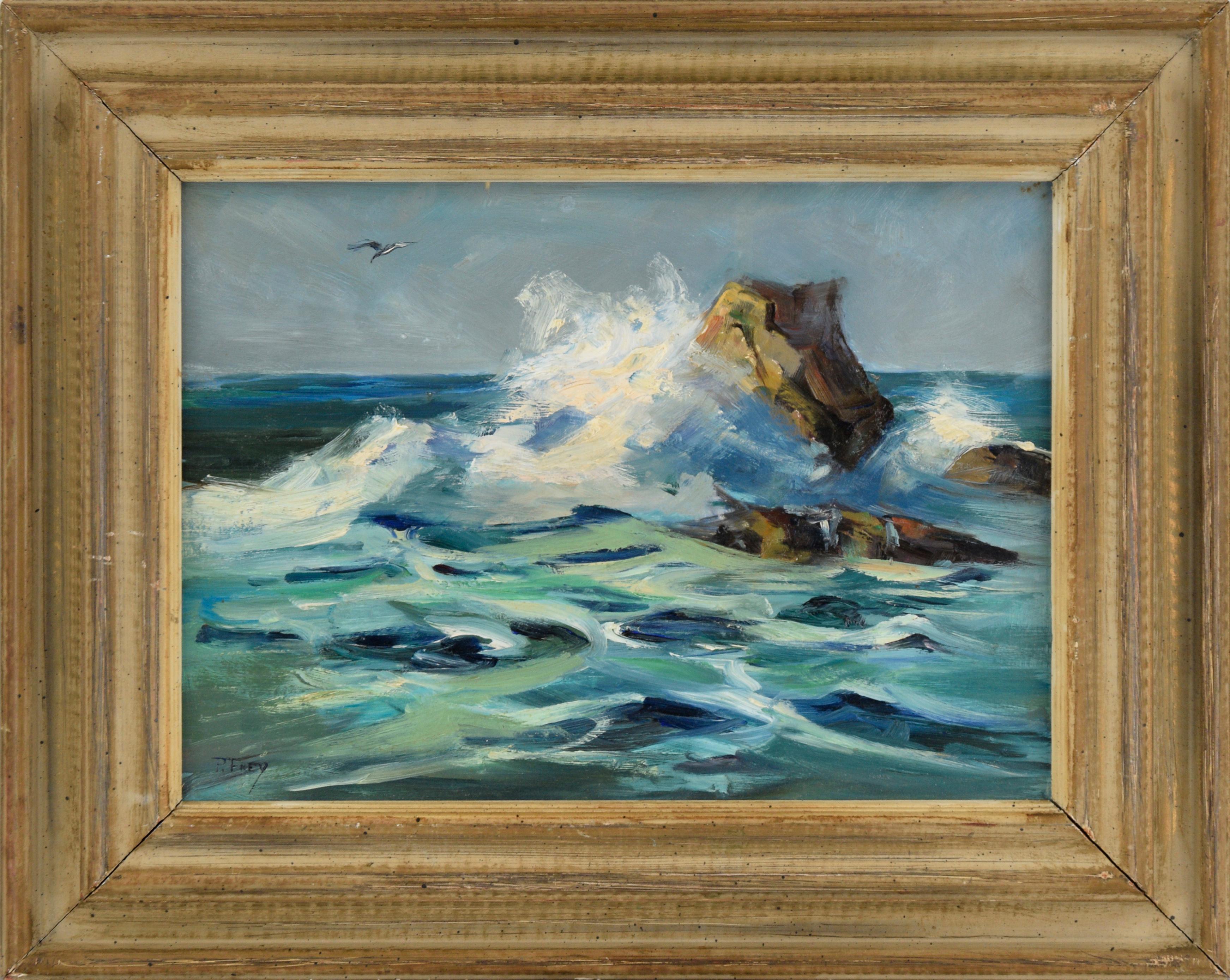 Joseph Frey Landscape Painting - Seagull Flying Above Crashing Waves, Mid Century California Seascape