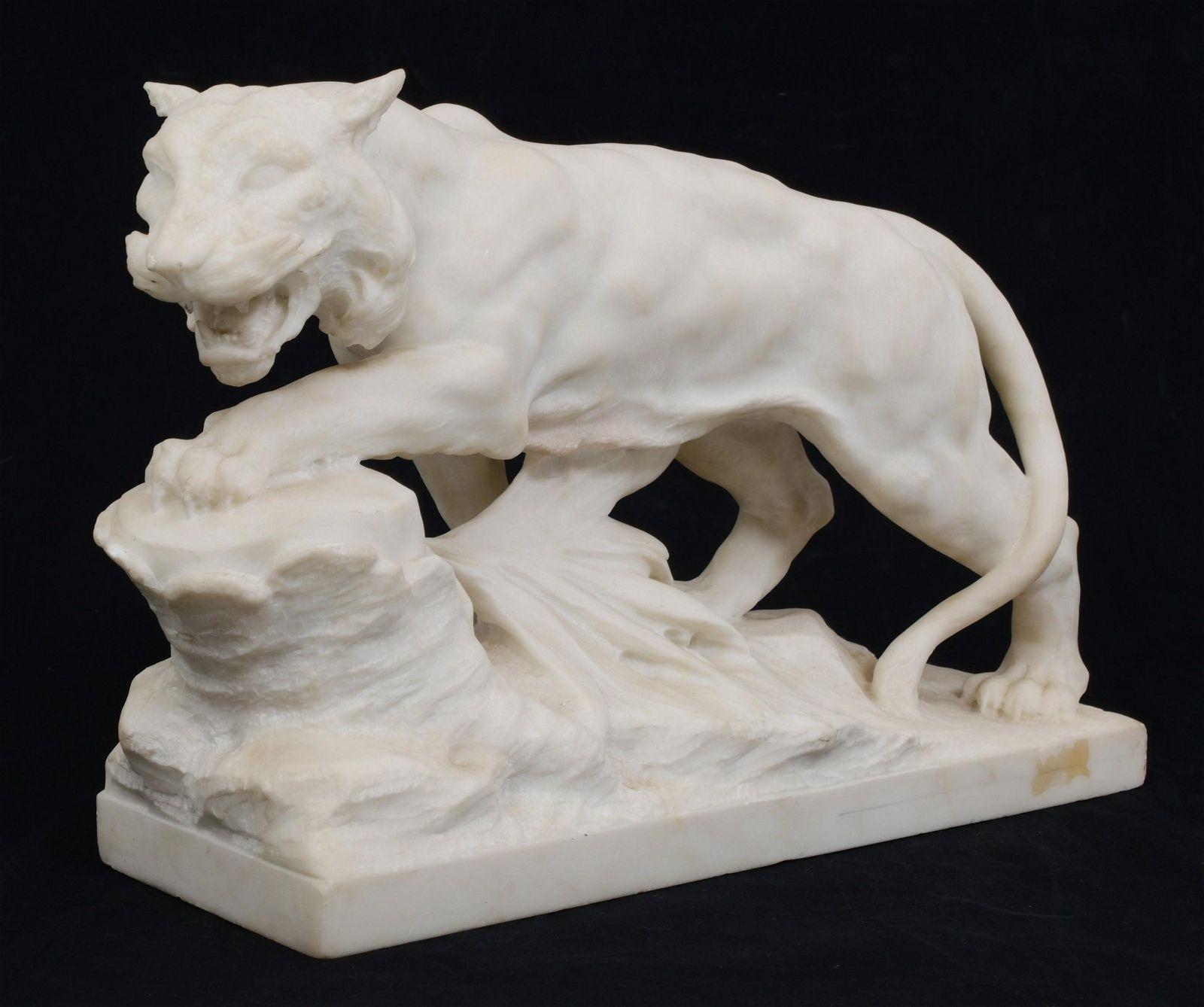 Joseph Frugoni Italian Marble Sculpture of Stalking Lion For Sale 1