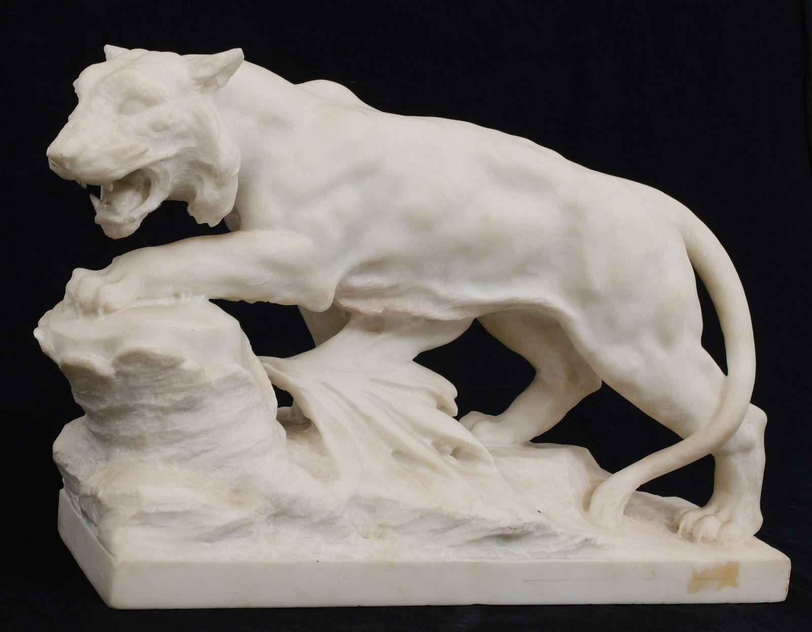  Joseph Frugoni Italian Marble Sculpture of Stalking Lion For Sale 2