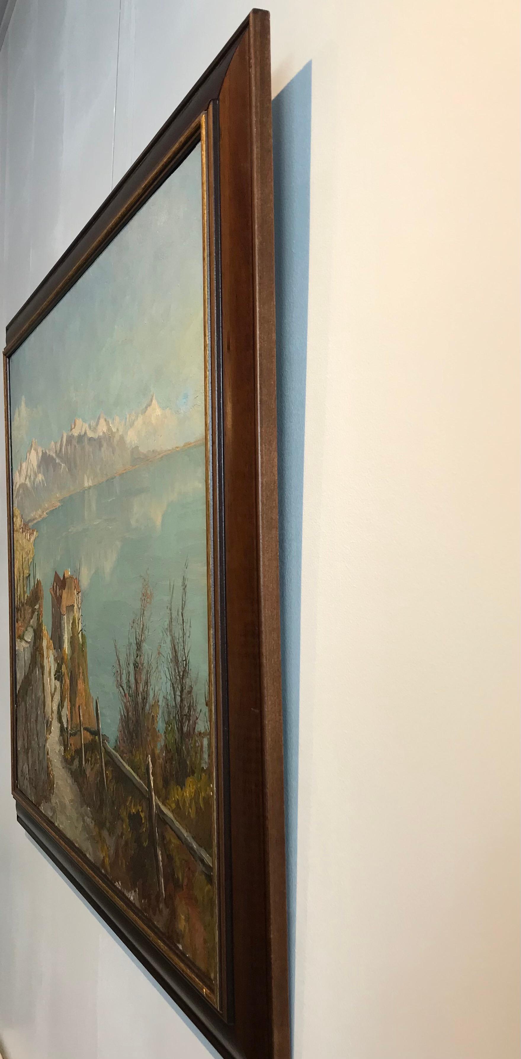 Castle view by Joseph Muller - Oil on canvas 65x54 cm - Beige Landscape Painting by Joseph G. Muller