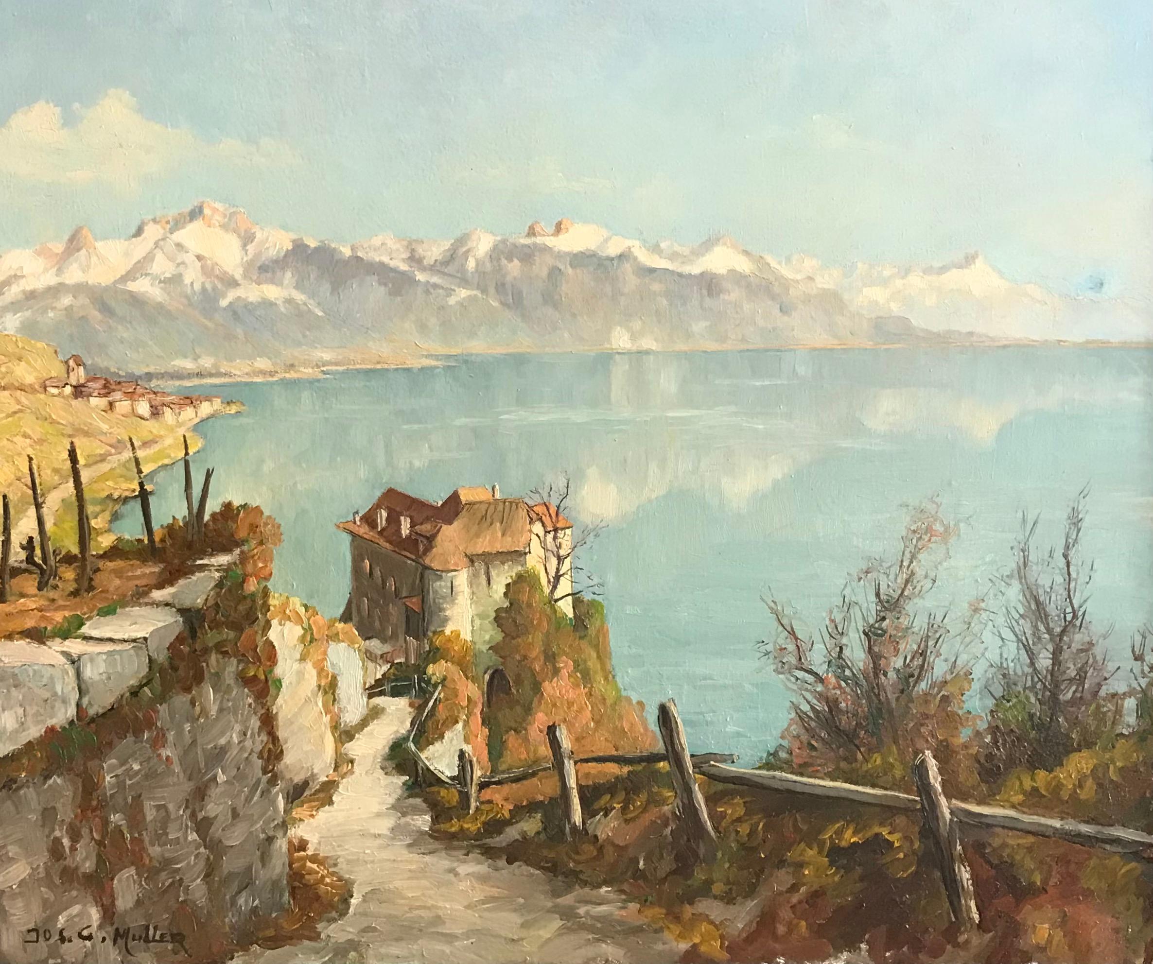 Joseph G. Muller Landscape Painting - Castle view by Joseph Muller - Oil on canvas 65x54 cm