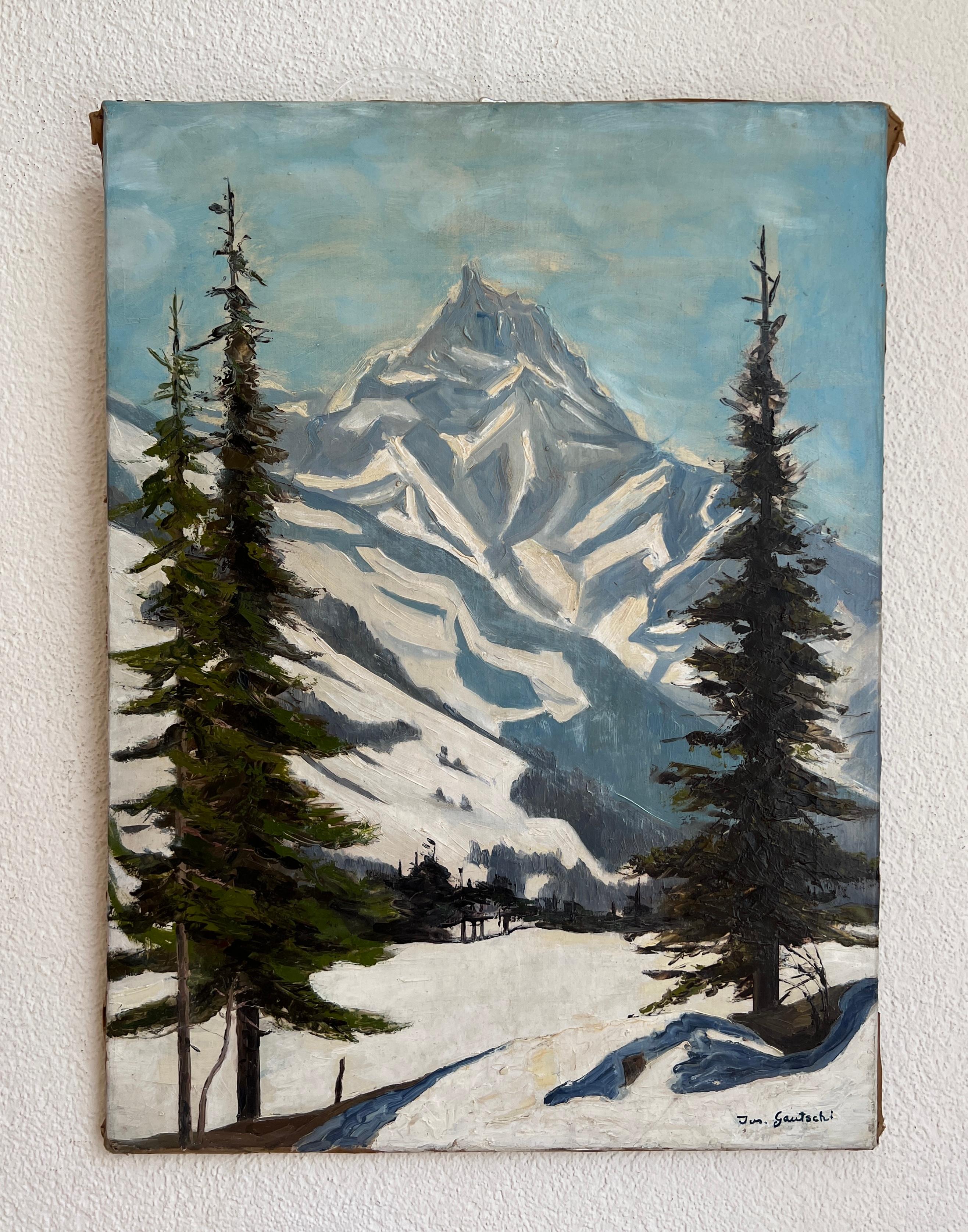 Verschneiter Berg, Schweiz – Painting von Joseph Gautschi