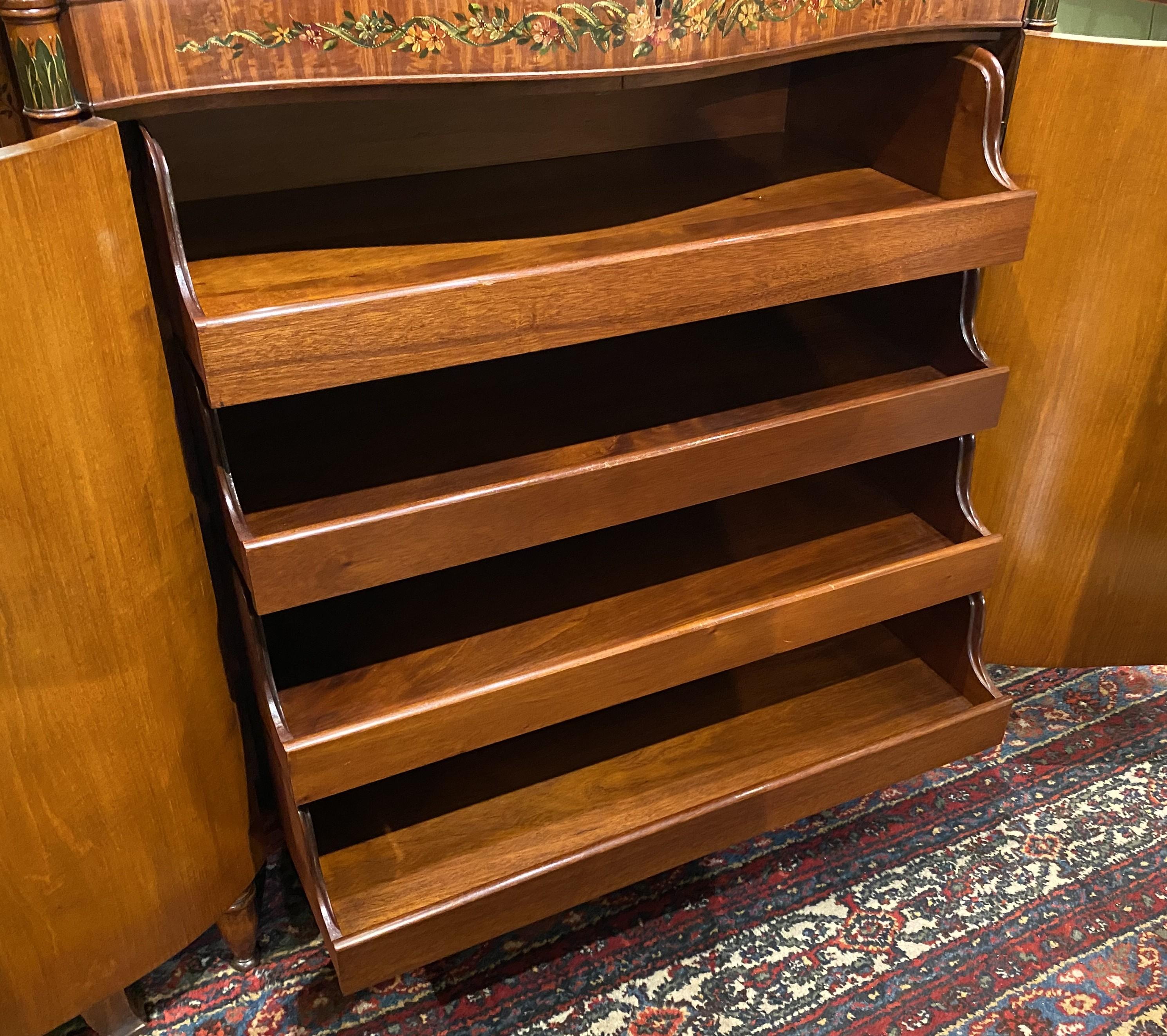 Joseph Gerte Boston Mahogany & Burled Walnut Serpentine Hand Painted Cabinet For Sale 4