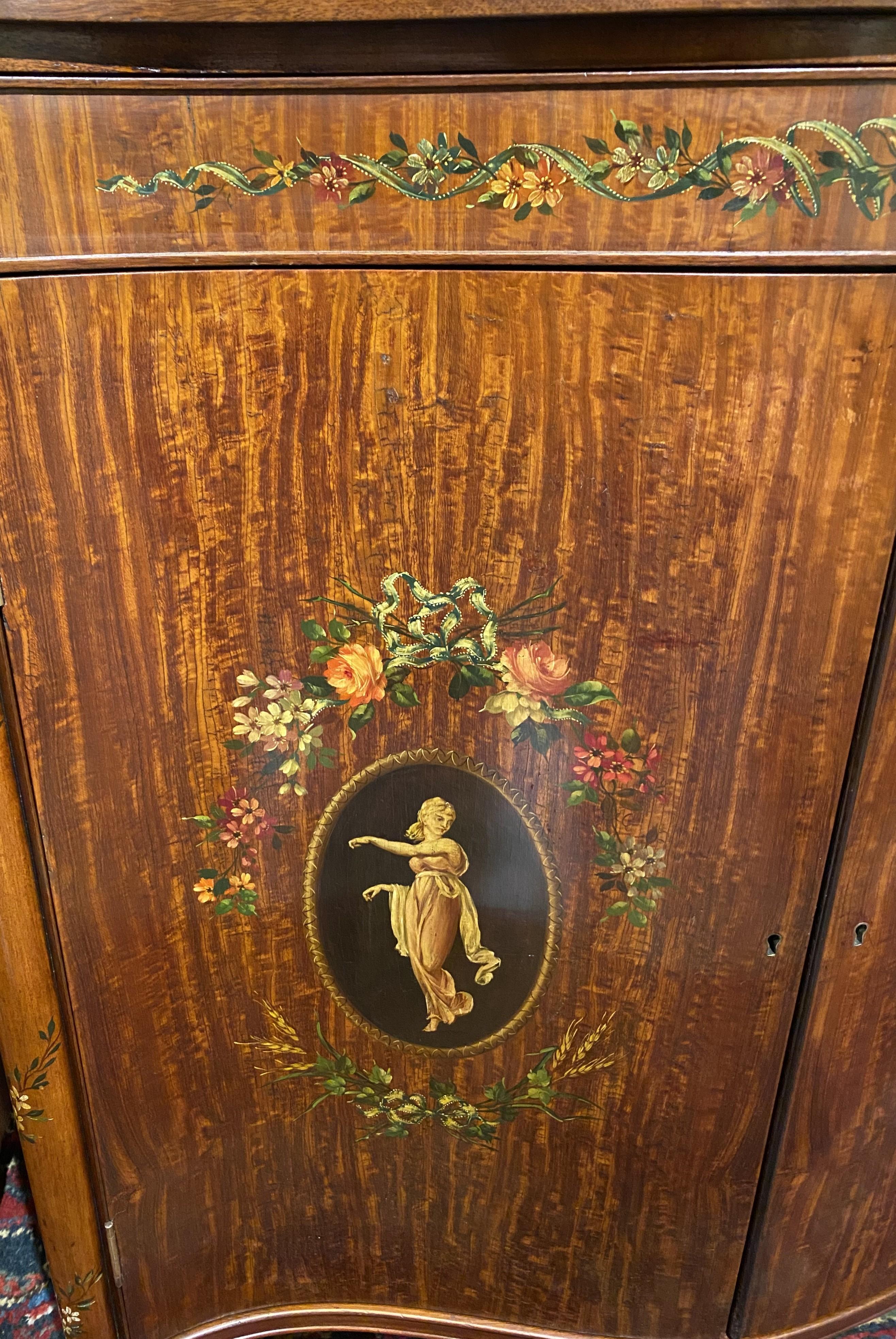 American Joseph Gerte Boston Mahogany & Burled Walnut Serpentine Hand Painted Cabinet For Sale