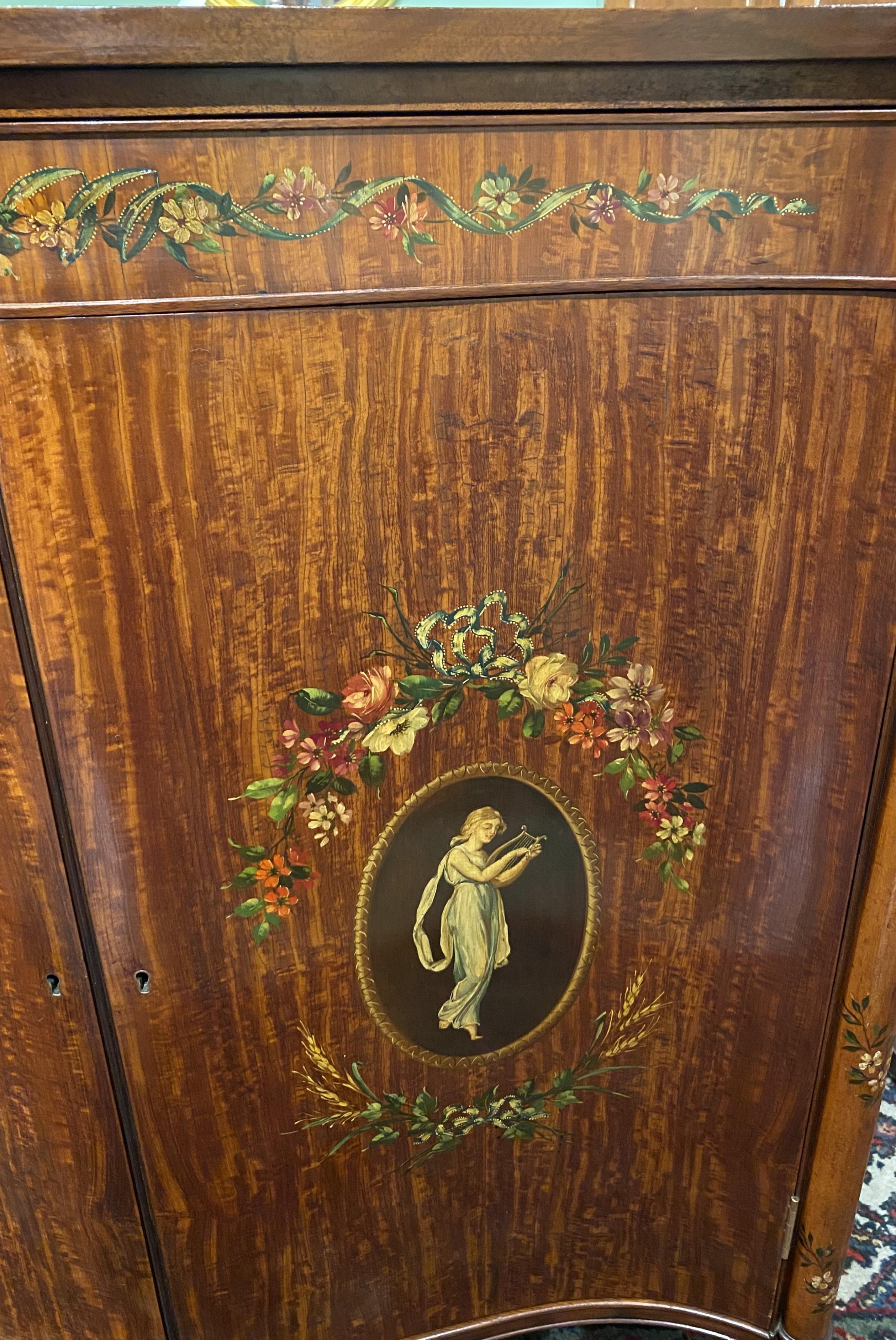 Hand-Carved Joseph Gerte Boston Mahogany & Burled Walnut Serpentine Hand Painted Cabinet For Sale
