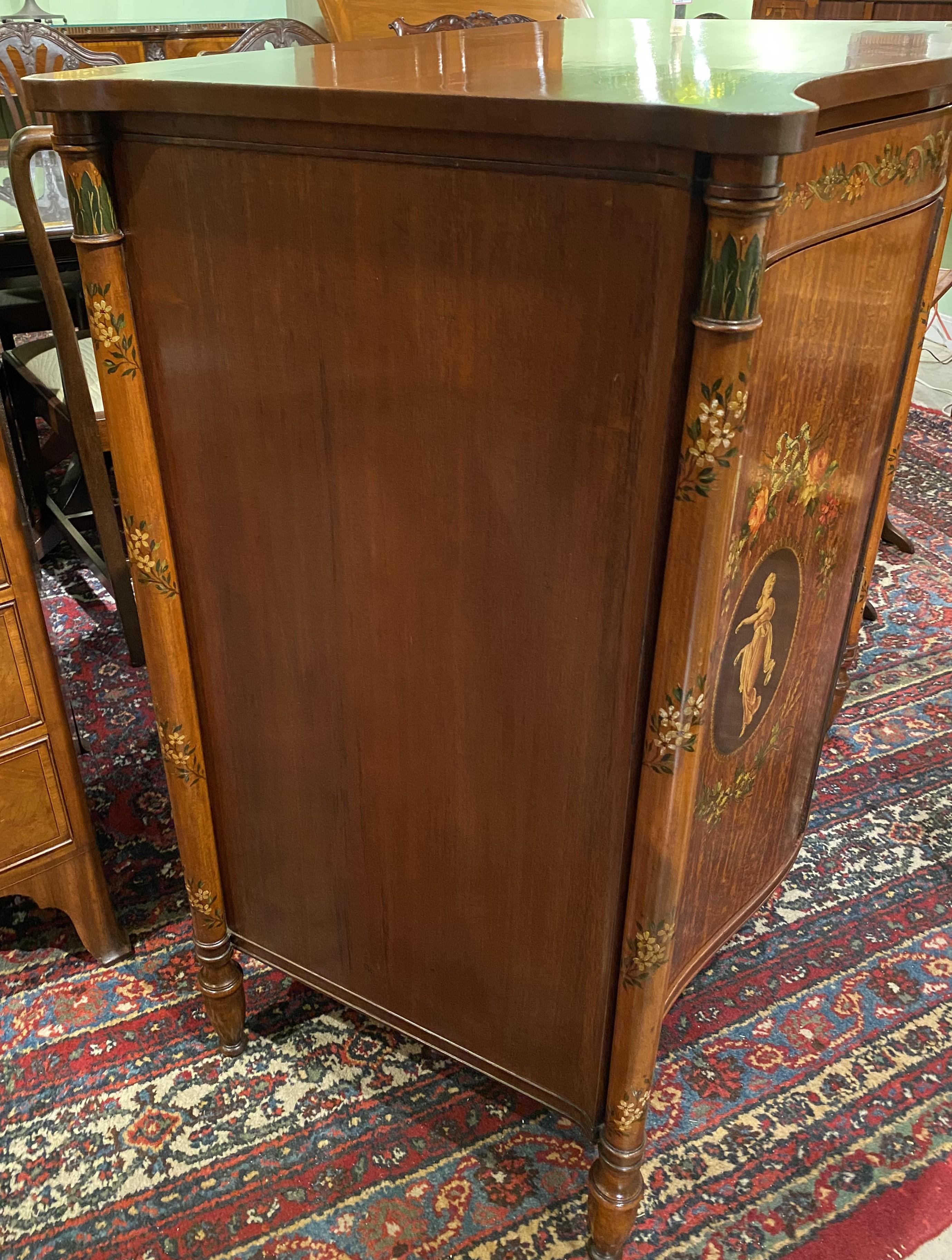 Joseph Gerte Boston Mahogany & Burled Walnut Serpentine Hand Painted Cabinet In Good Condition For Sale In Milford, NH