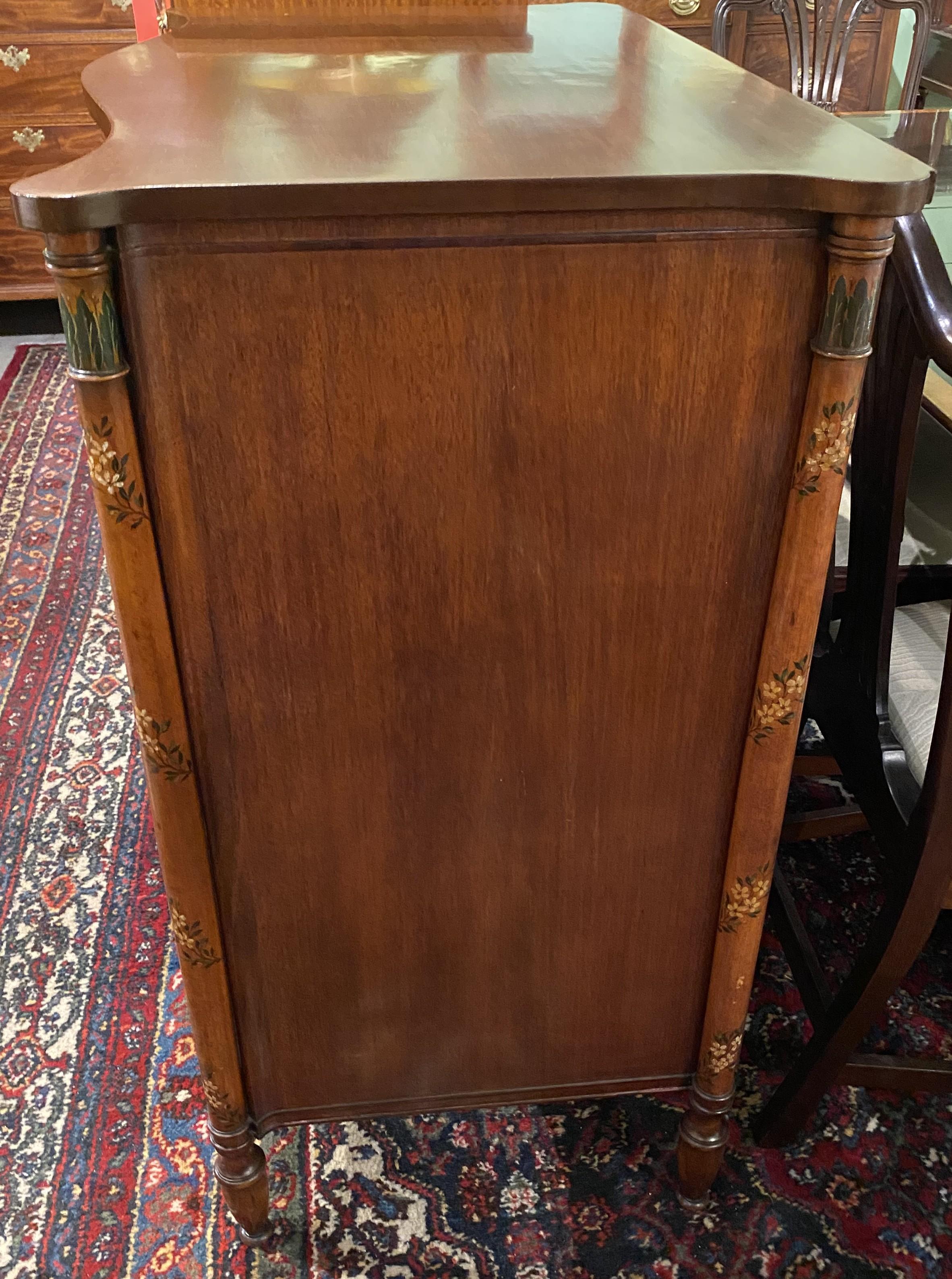 20th Century Joseph Gerte Boston Mahogany & Burled Walnut Serpentine Hand Painted Cabinet For Sale