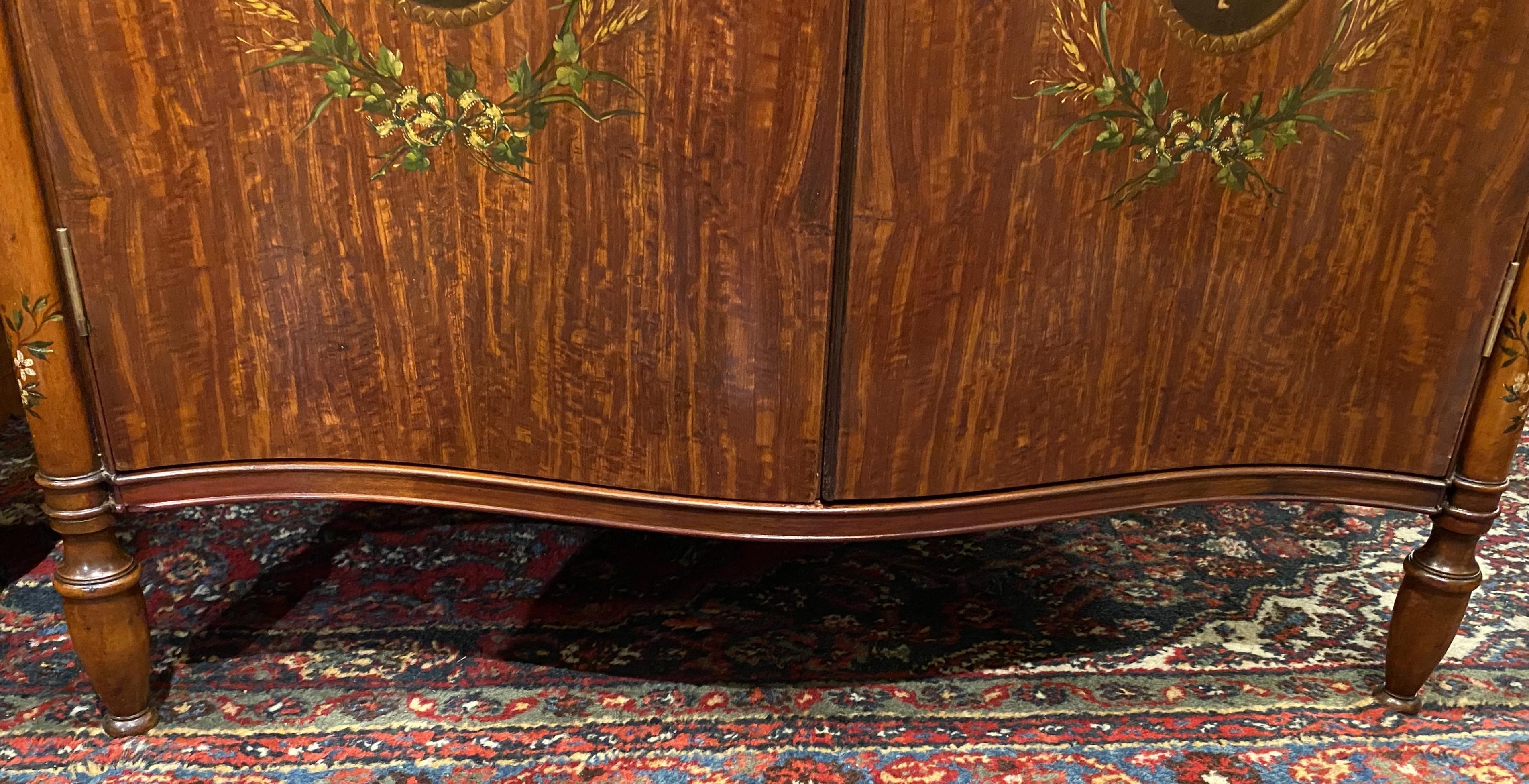 Joseph Gerte Boston Mahogany & Burled Walnut Serpentine Hand Painted Cabinet For Sale 2