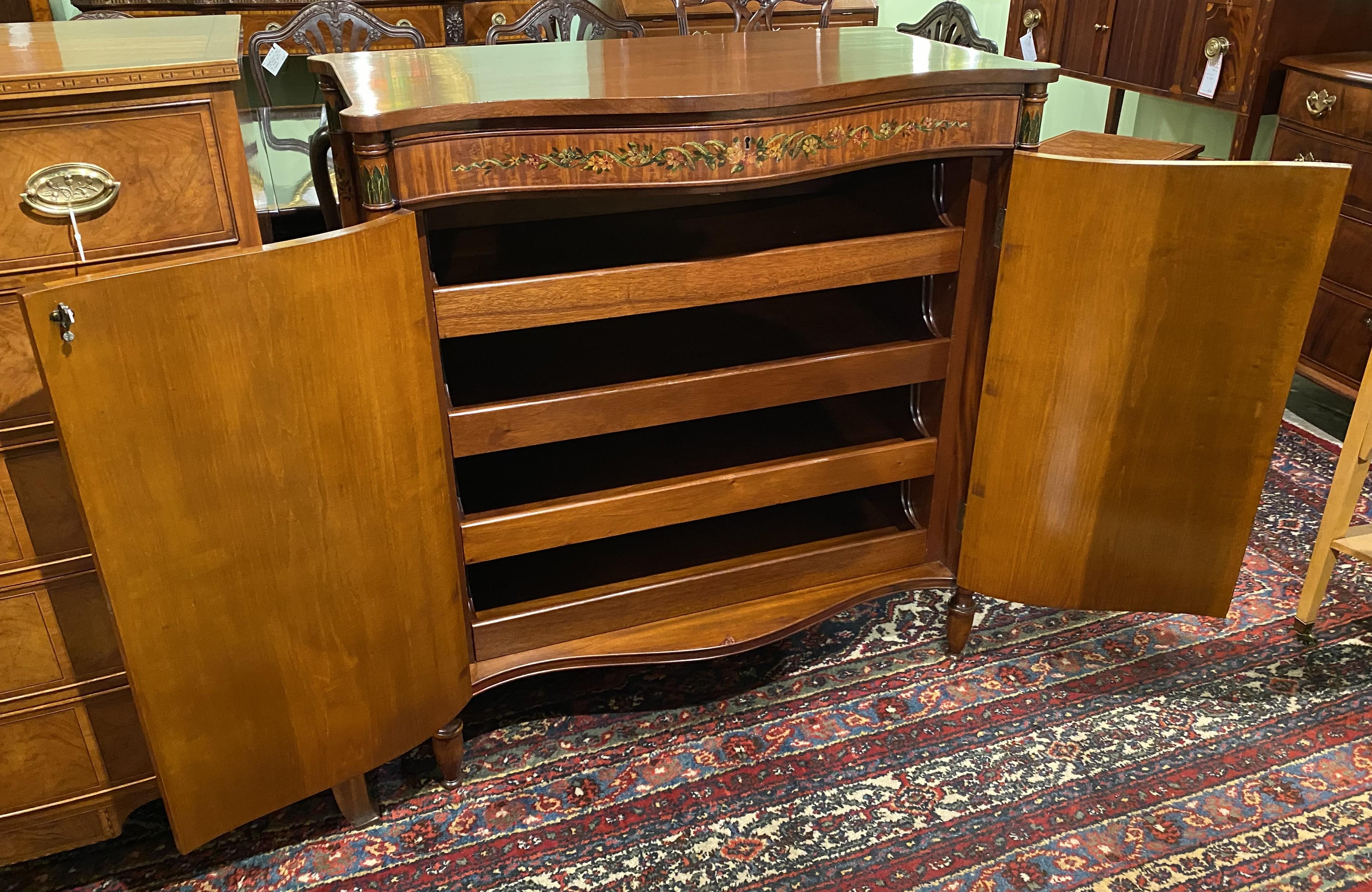 Joseph Gerte Boston Mahogany & Burled Walnut Serpentine Hand Painted Cabinet For Sale 3