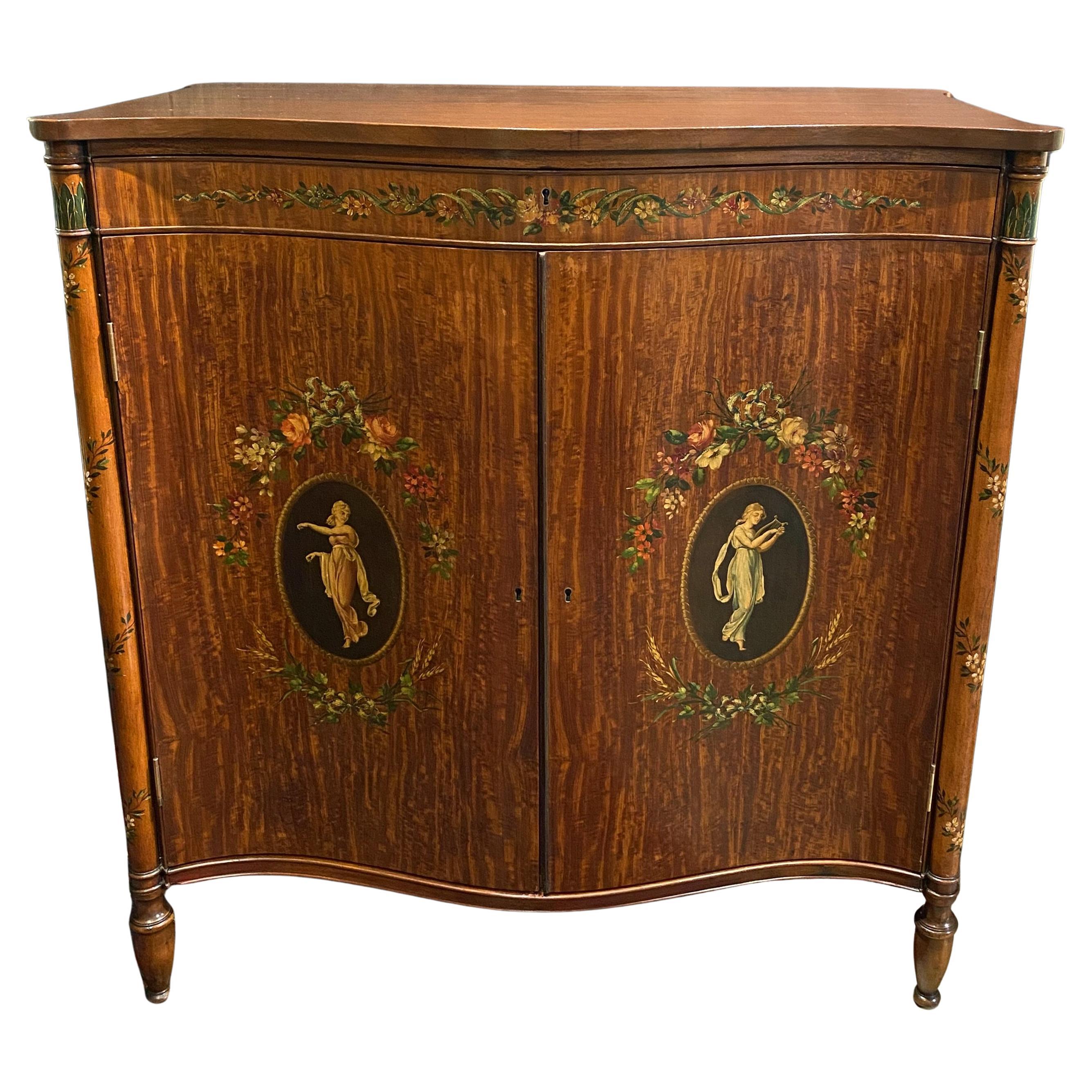 Joseph Gerte Boston Mahogany & Burled Walnut Serpentine Hand Painted Cabinet