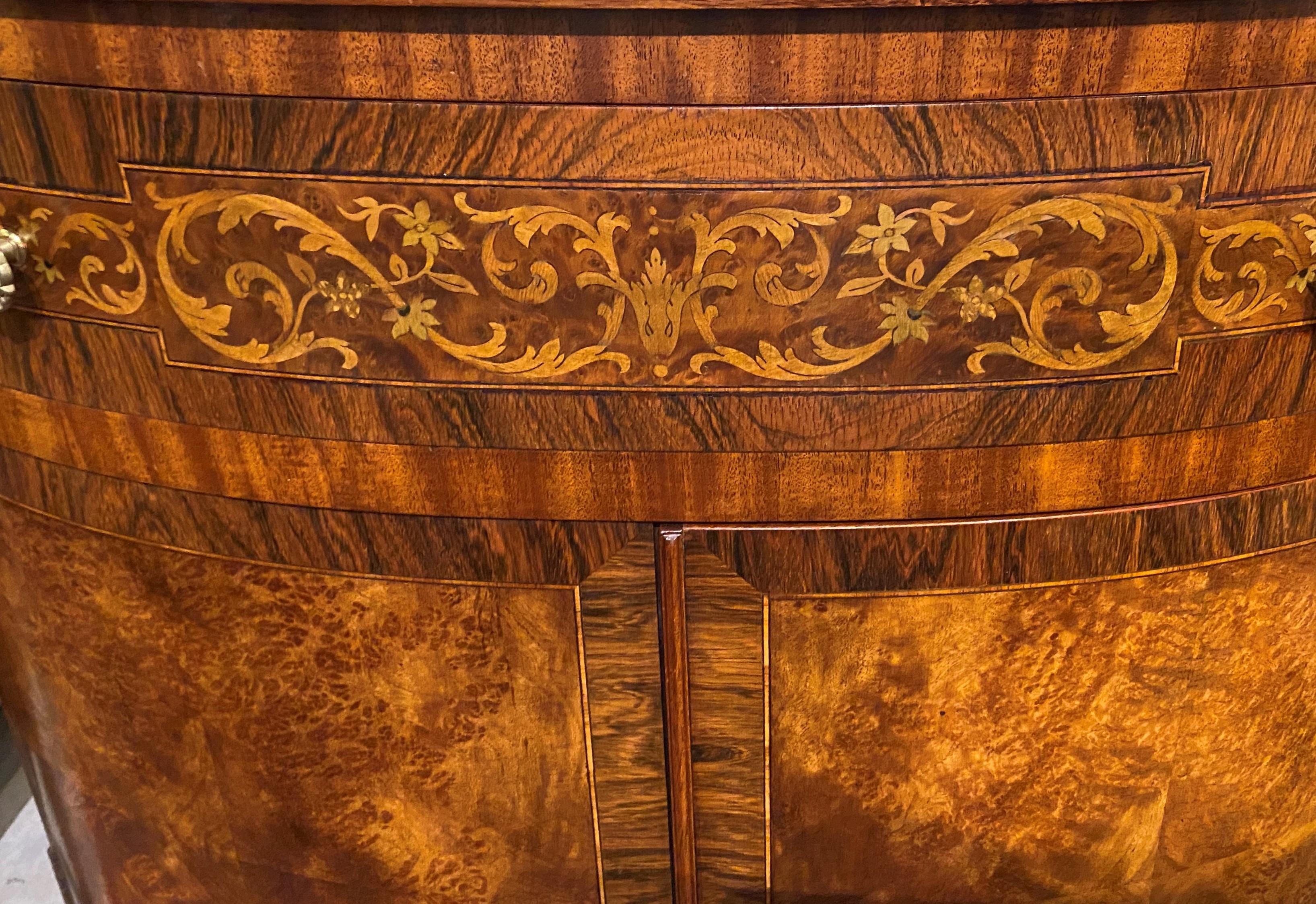 American Joseph Gerte Mahogany Inlaid Demi Lune Cabinet with Burl and Rosewood Veneers