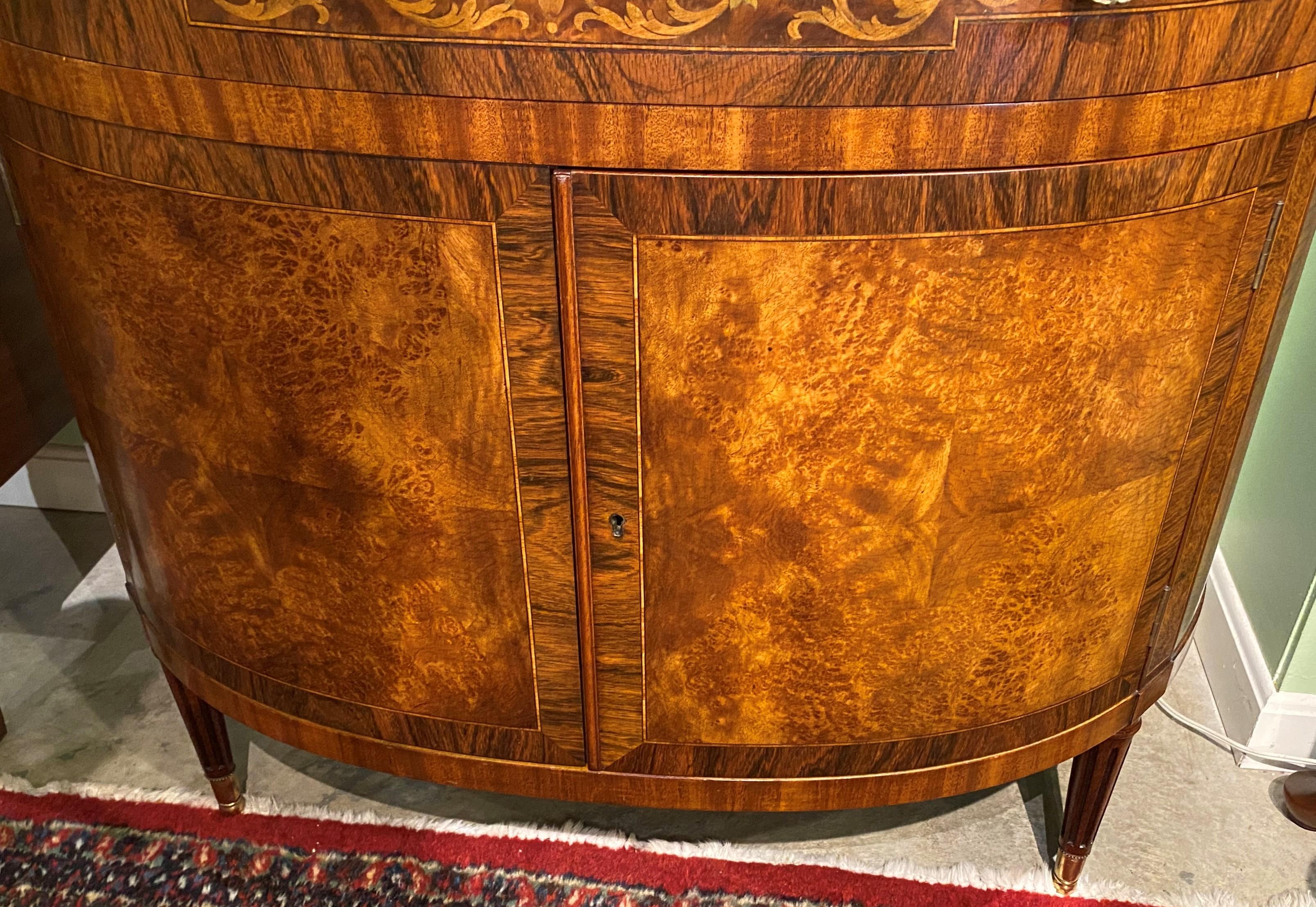 Hand-Carved Joseph Gerte Mahogany Inlaid Demi Lune Cabinet with Burl and Rosewood Veneers
