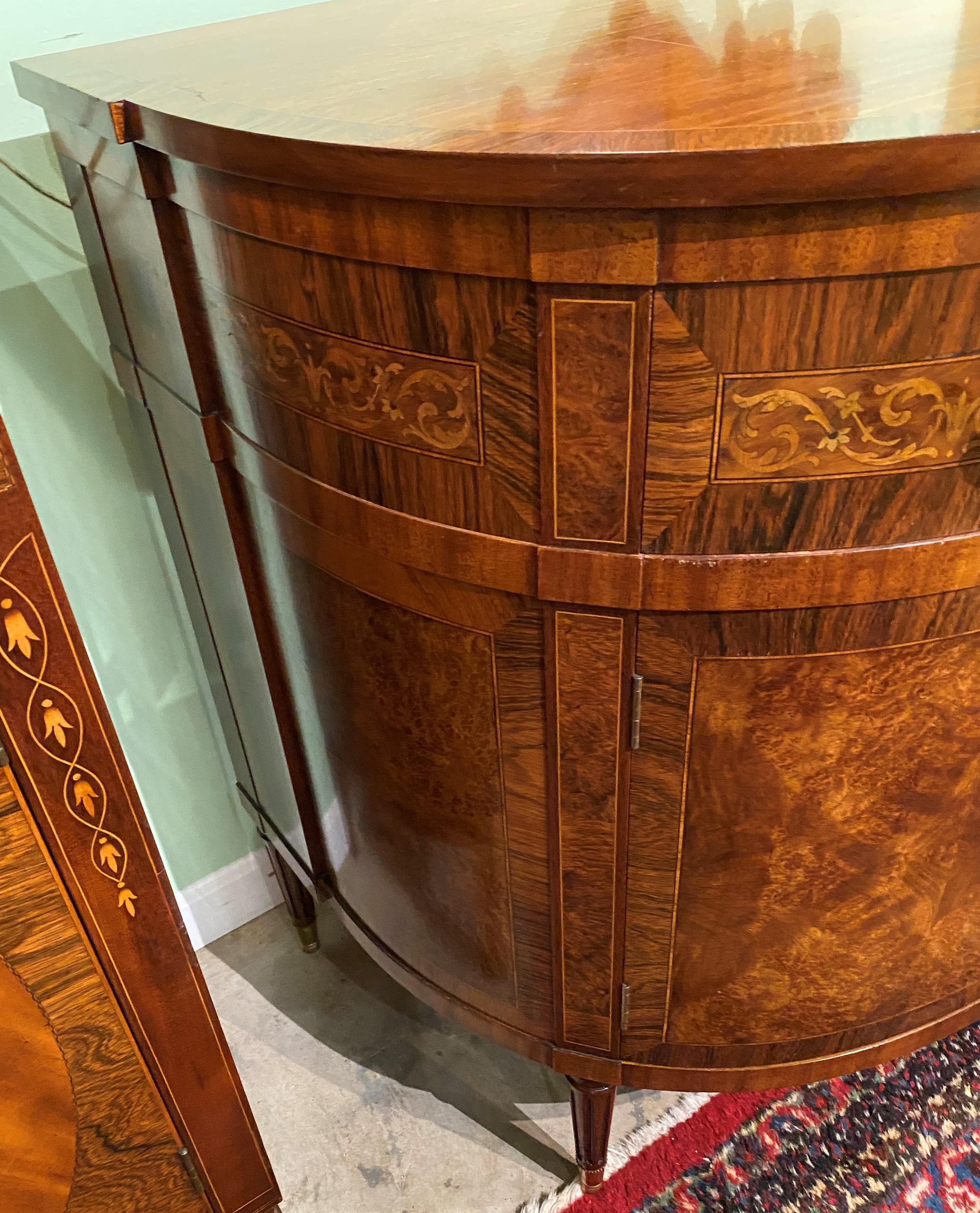 Joseph Gerte Mahogany Inlaid Demi Lune Cabinet with Burl and Rosewood Veneers In Good Condition In Milford, NH