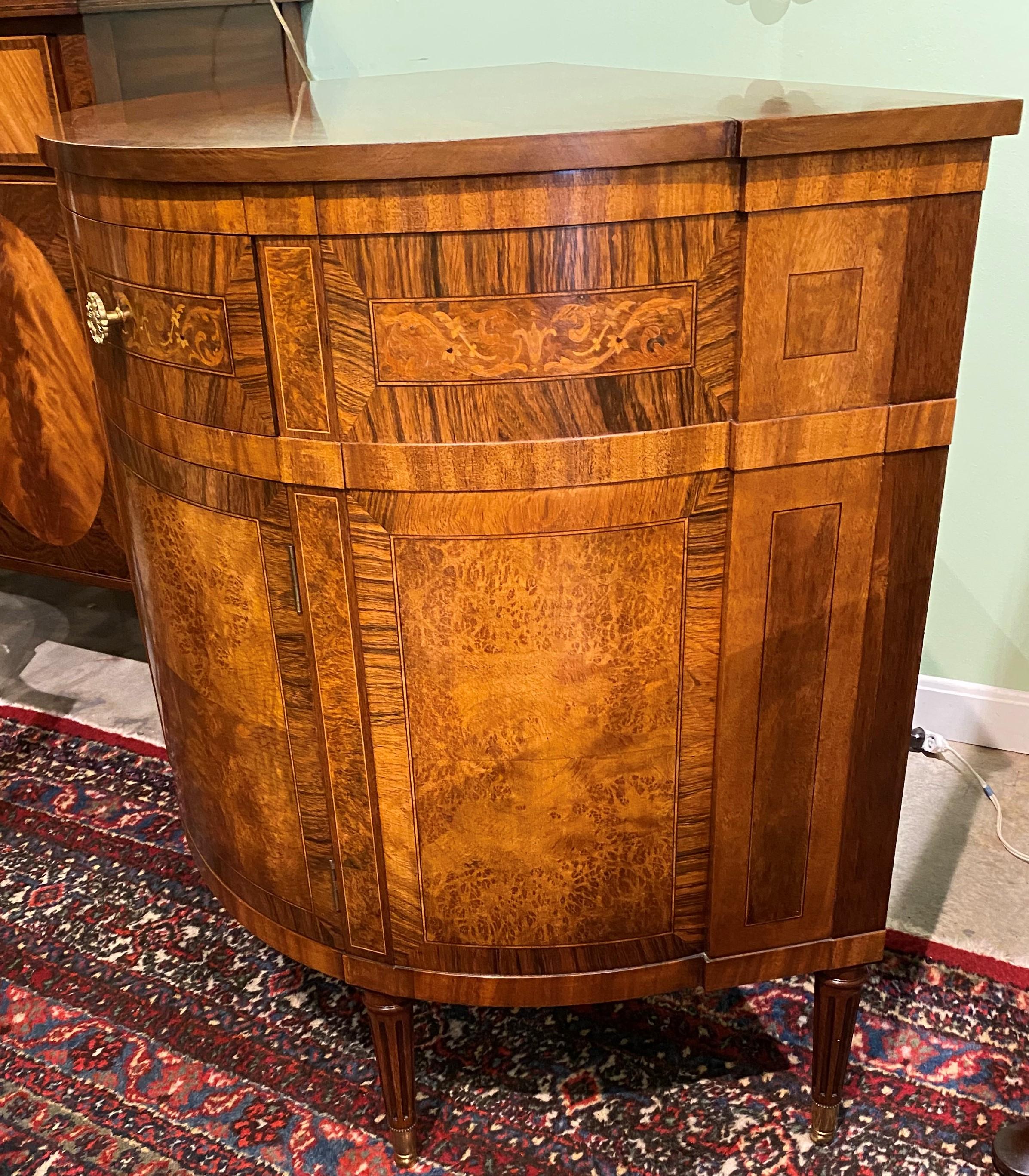 20th Century Joseph Gerte Mahogany Inlaid Demi Lune Cabinet with Burl and Rosewood Veneers