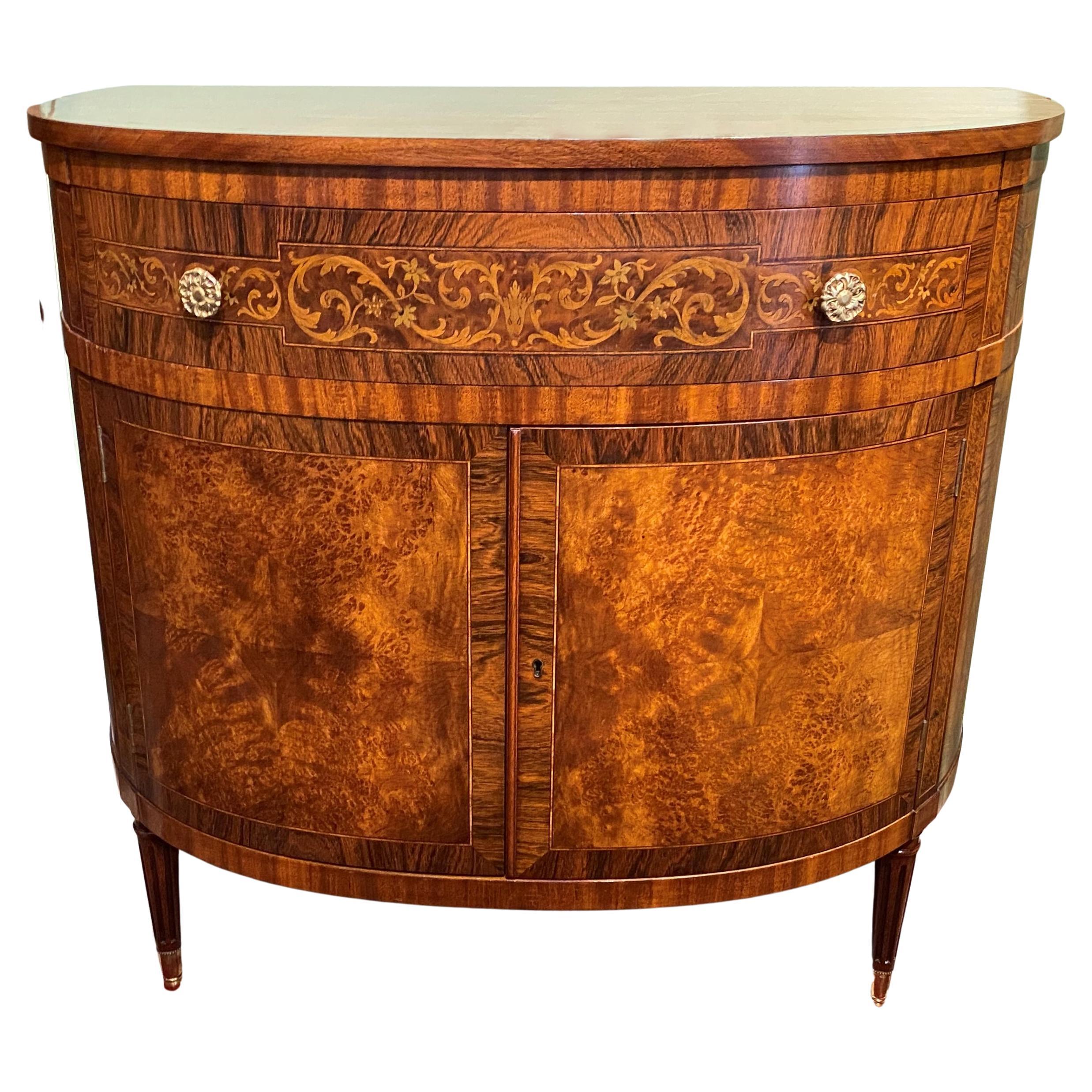 Joseph Gerte Mahogany Inlaid Demi Lune Cabinet with Burl and Rosewood Veneers