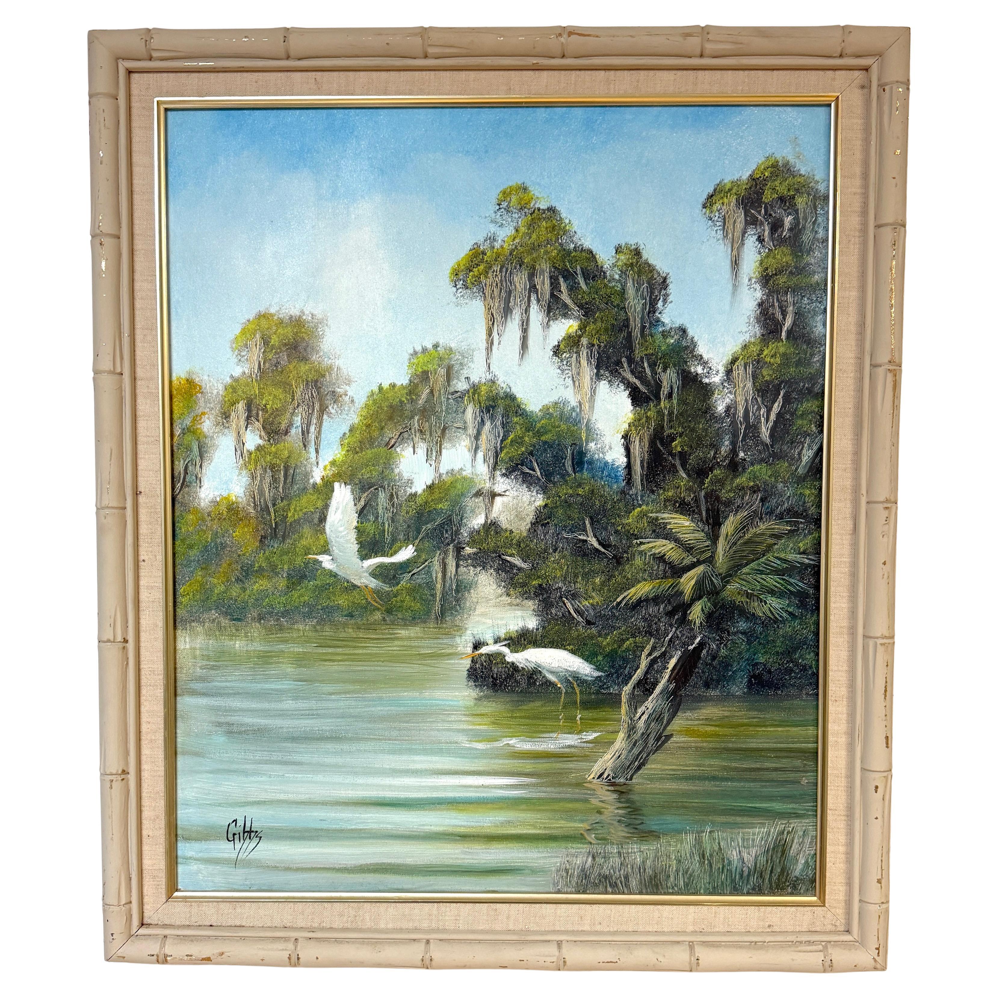 Joseph Gibbs Florida Highwaymen Wetland Heron Painting, Oil on Canvas, C. 1970s