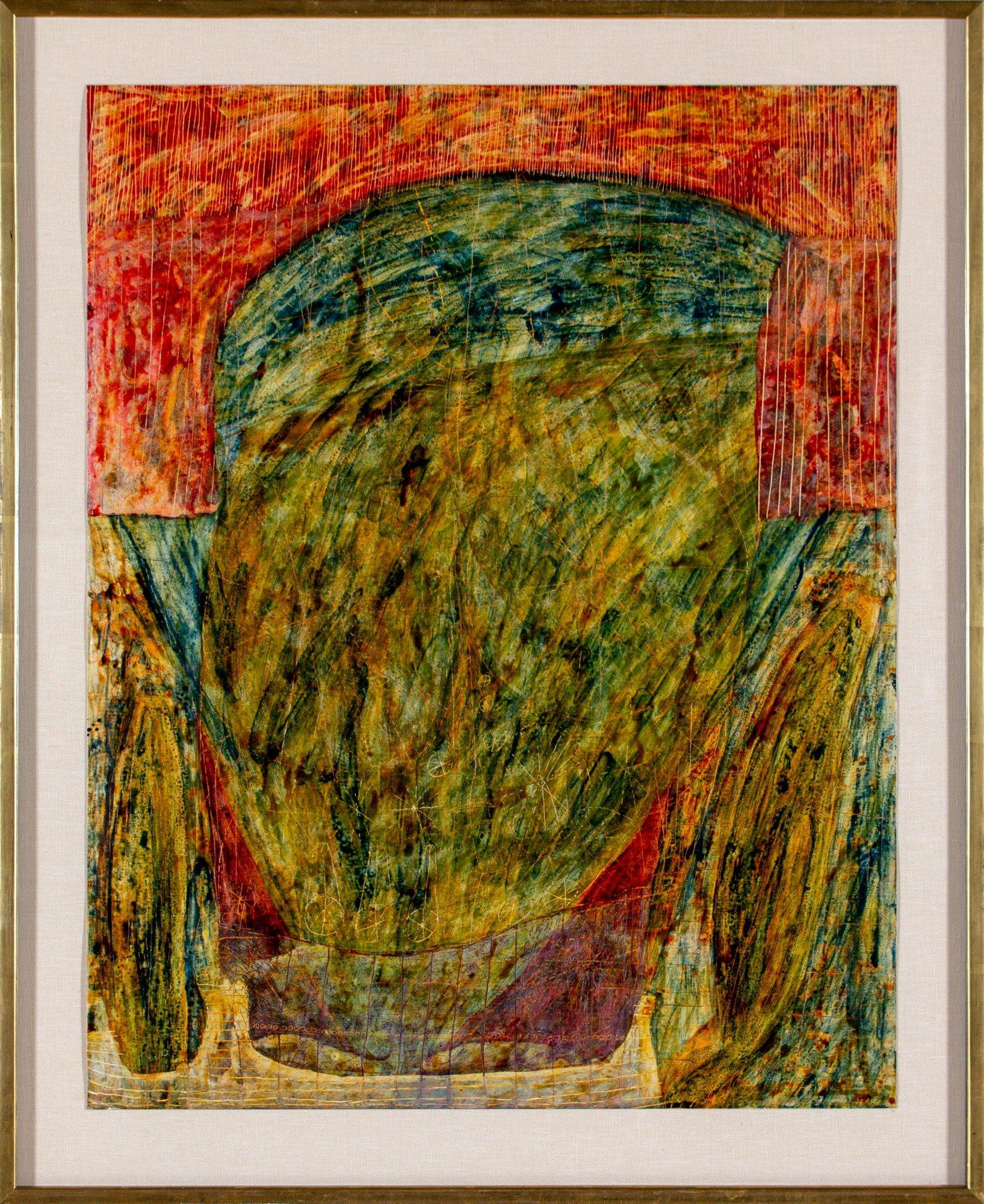 Red & green figural abstract mixed media on paper, 20th century New York artist  - Painting by Joseph Glasco