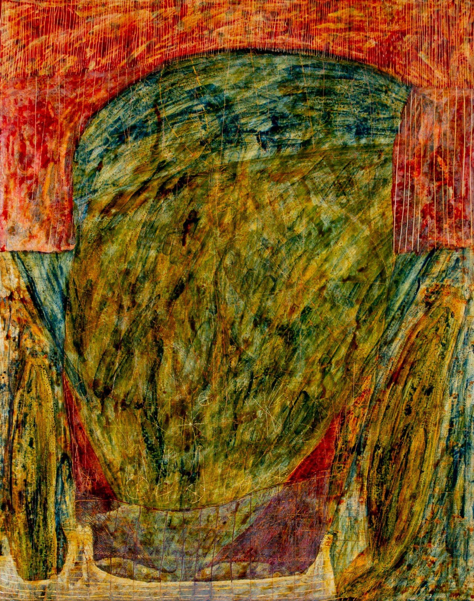 Joseph Glasco Abstract Painting - Red & green figural abstract mixed media on paper, 20th century New York artist 