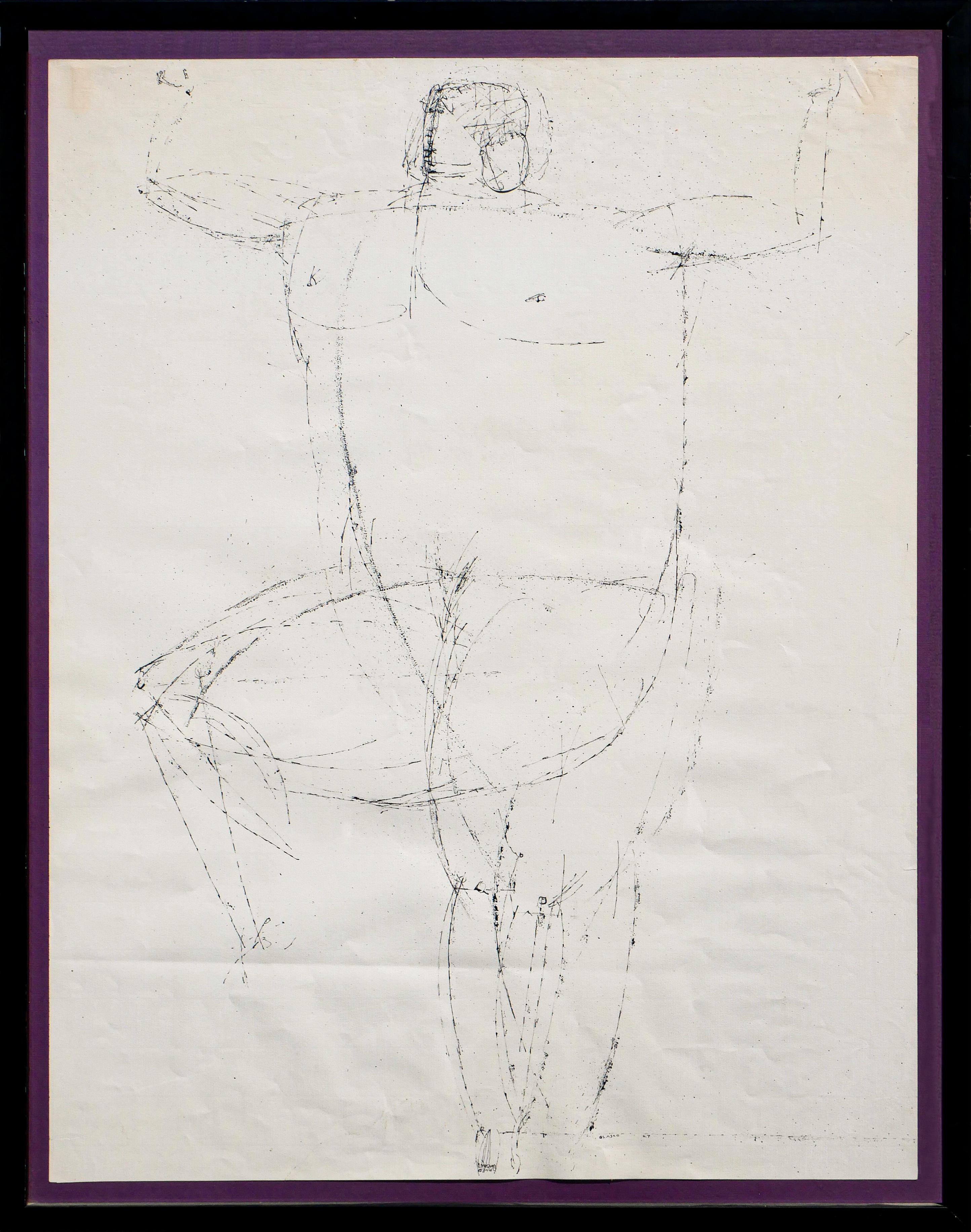 Standender Mann (Eines Bein hochgehoben) Monochrome abstrakte figurative Tuschezeichnung