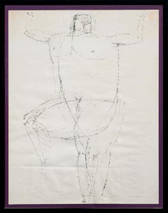 “Standing Man (One Leg Raised)” Monochromatic Abstract Figurative Ink Drawing