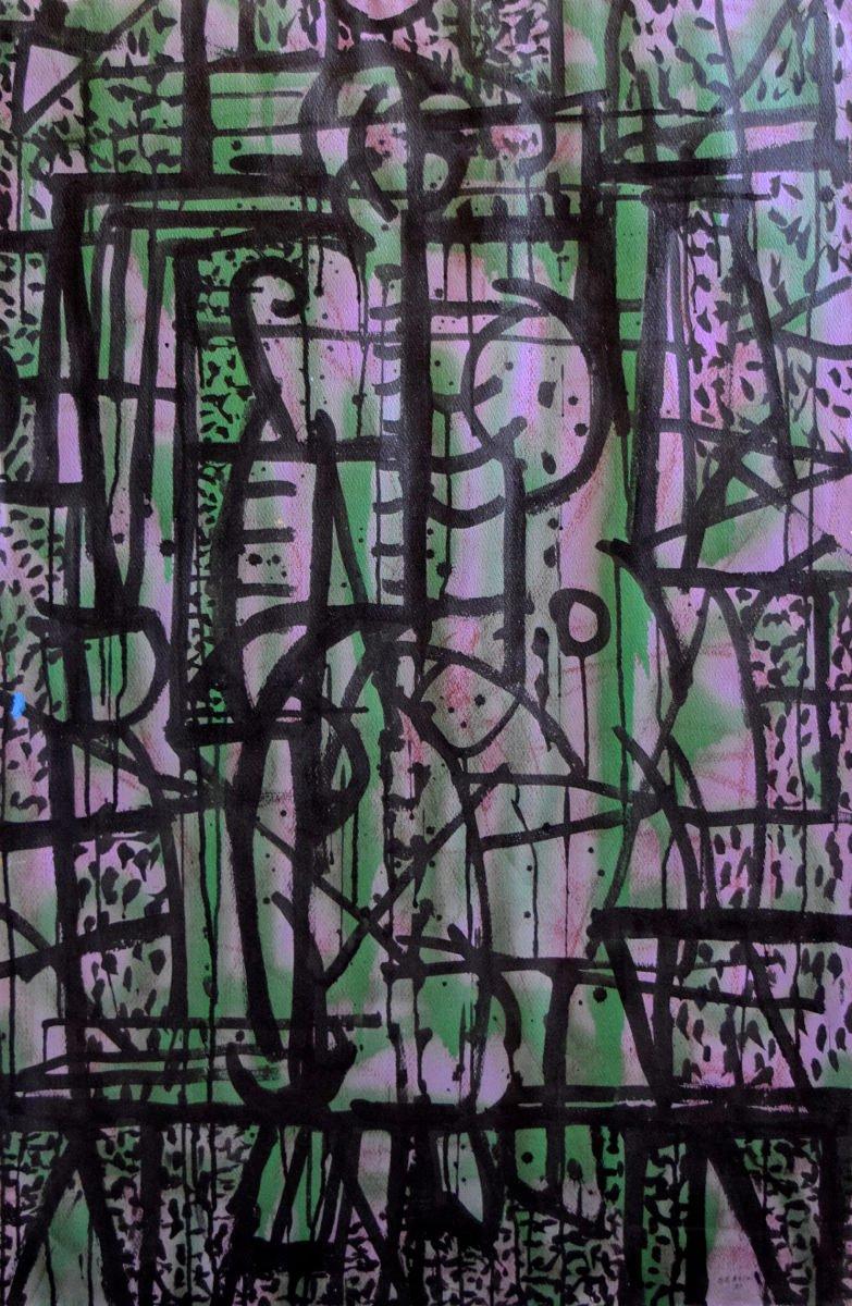 Joseph Glasco Abstract Painting - Abstract expressionist figure purple & green painting, New York artist 