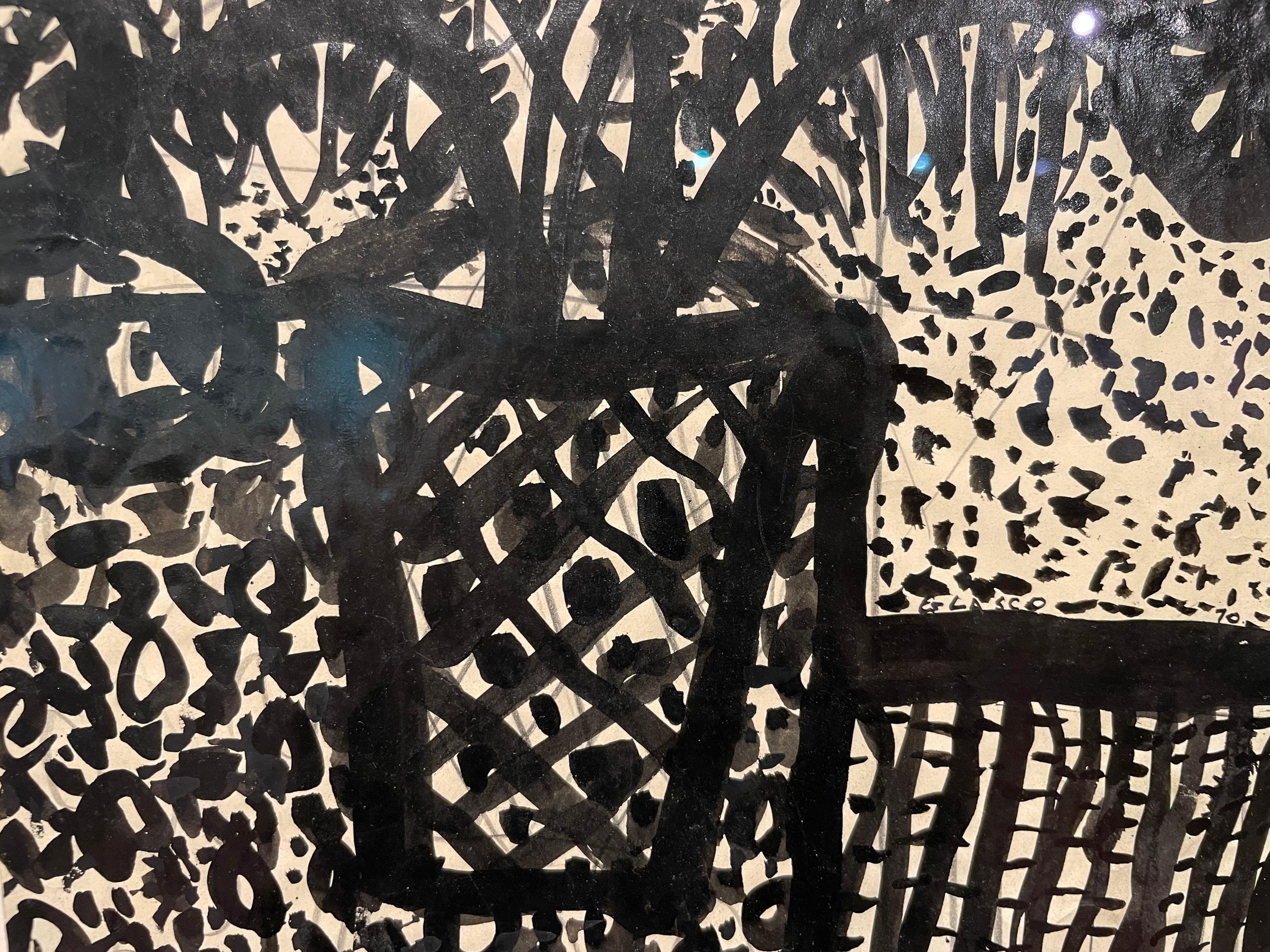 Fleurs, peinture à l'encre expressionniste figurative du 20e siècle, artiste de New York en vente 2