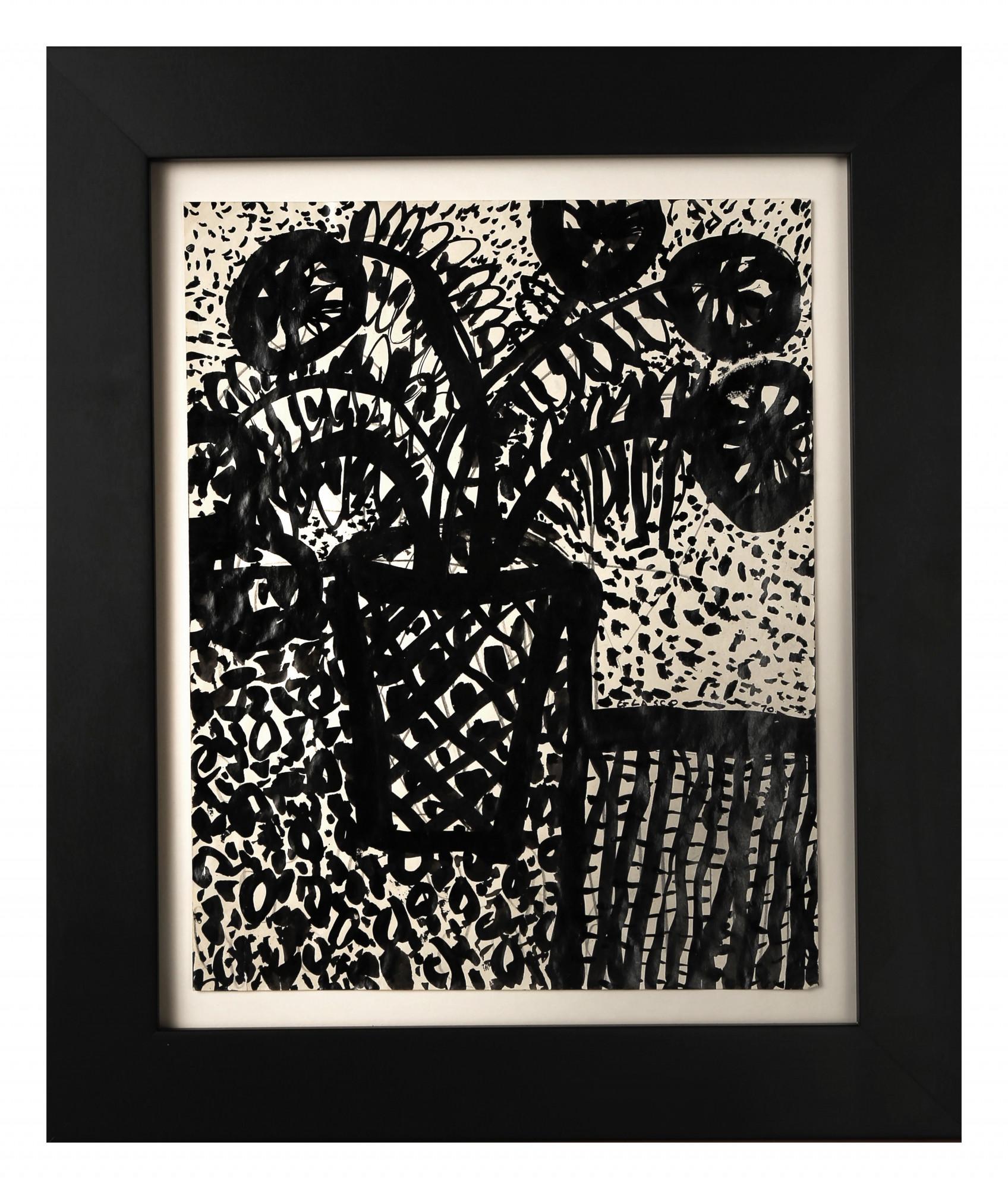 Still-Life Painting Joseph Glasco - Fleurs, peinture à l'encre expressionniste figurative du 20e siècle, artiste de New York
