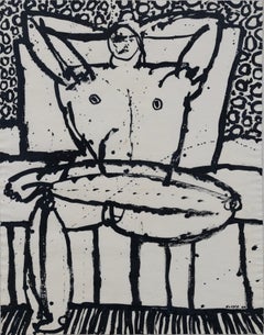 Hombre sentado, desnudo masculino de mediados de siglo Dibujo expresionista figurativo sobre papel