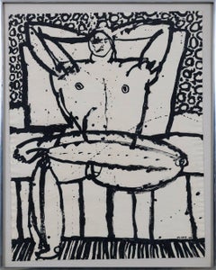 Seated Male, Mid-Century Male Nude Figurative Expressionist Drawing on Paper