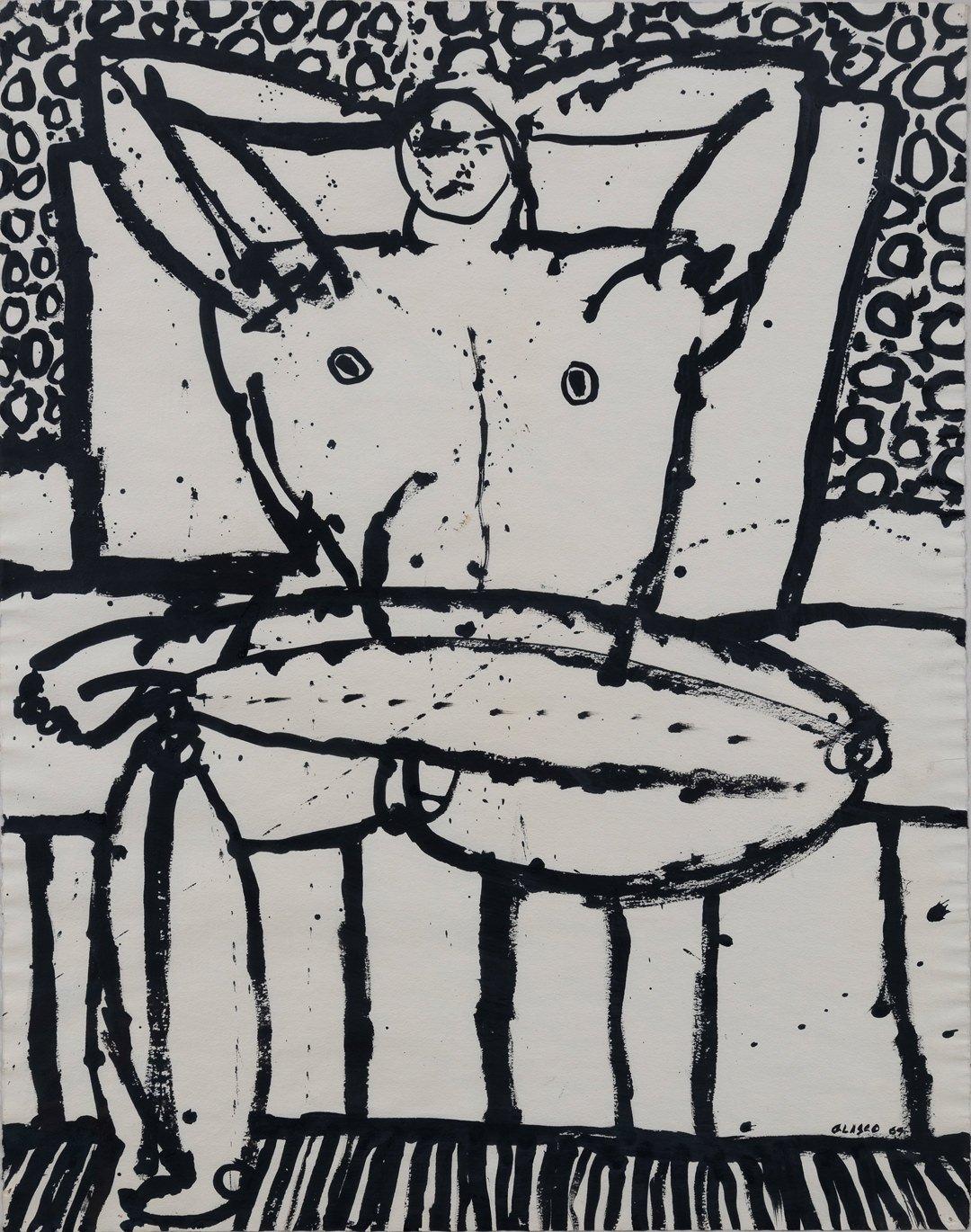 Seated Male, Mid-Century Male Nude Figurative Expressionist Drawing on Paper
