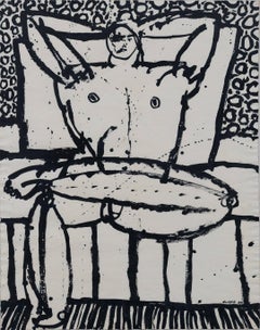 Vintage Seated Male, Mid-Century Male Nude Figurative Expressionist Drawing on Paper